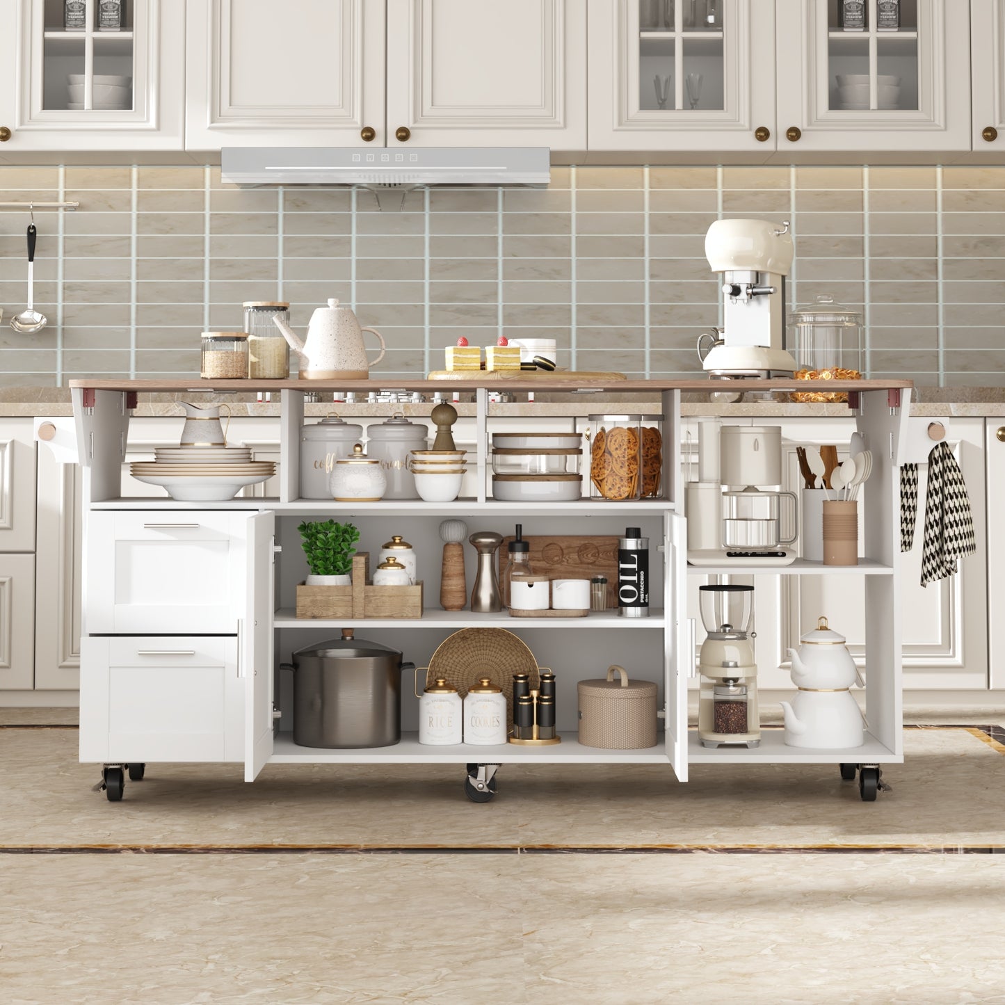 WIAWG Large Kitchen Island Table with Drop Leaf and Storage, 71" Kitchen Rolling Carts on Wheels, Portable Movable Farmhouse Island Table with Drawers for Dining Room,White & Light Brown
