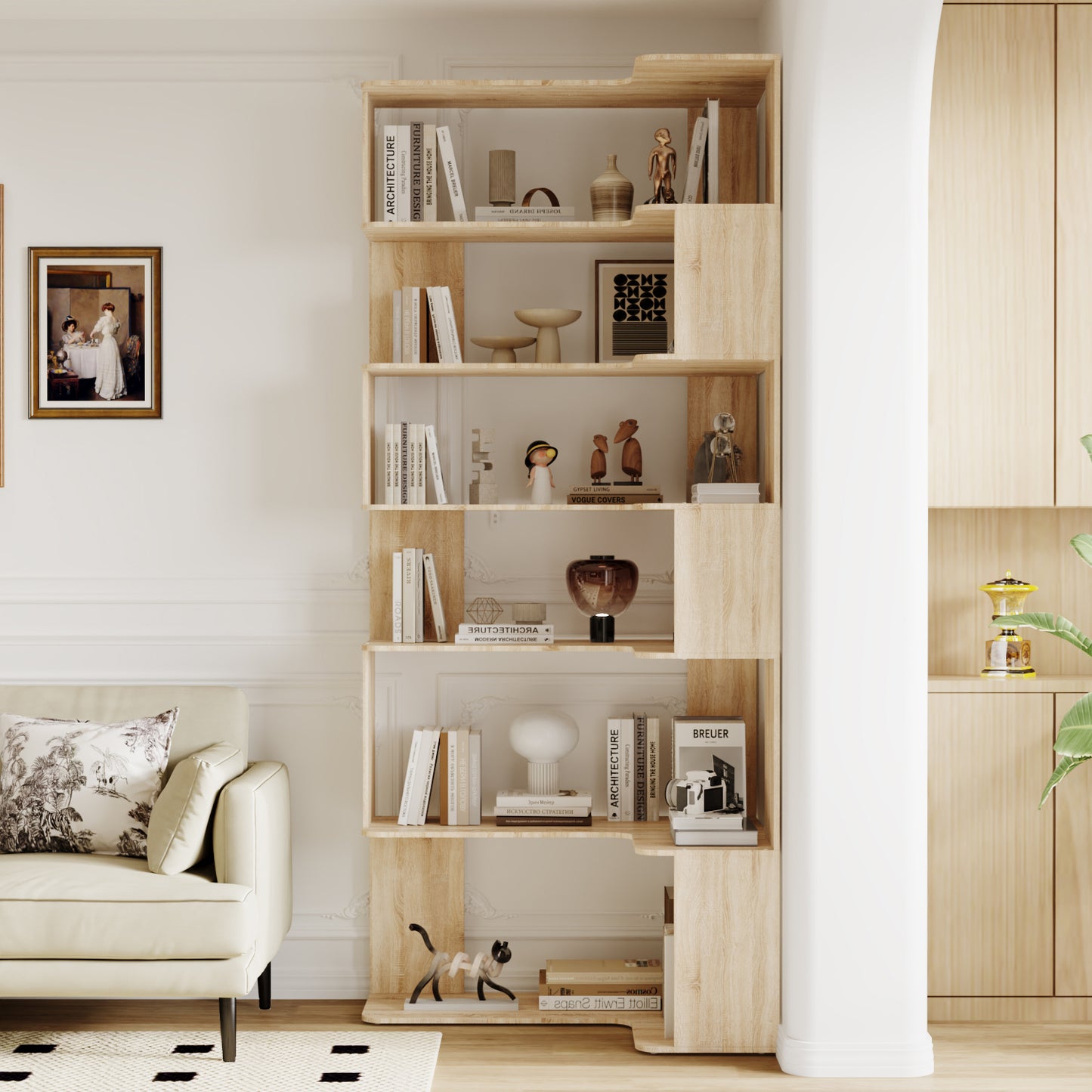 WIAWG 7-Tier Corner Bookcase Bookshelf, Modern Mid Century, Extra Tall, Natural Oak