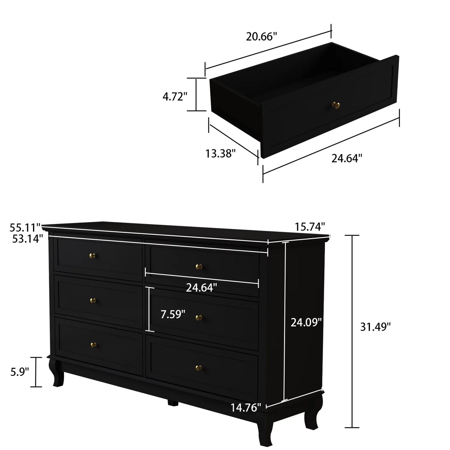 WIAWG Modern Mid Century 6 Drawer Dresser, Double Dresser Chest of Drawer for Bedroom Black