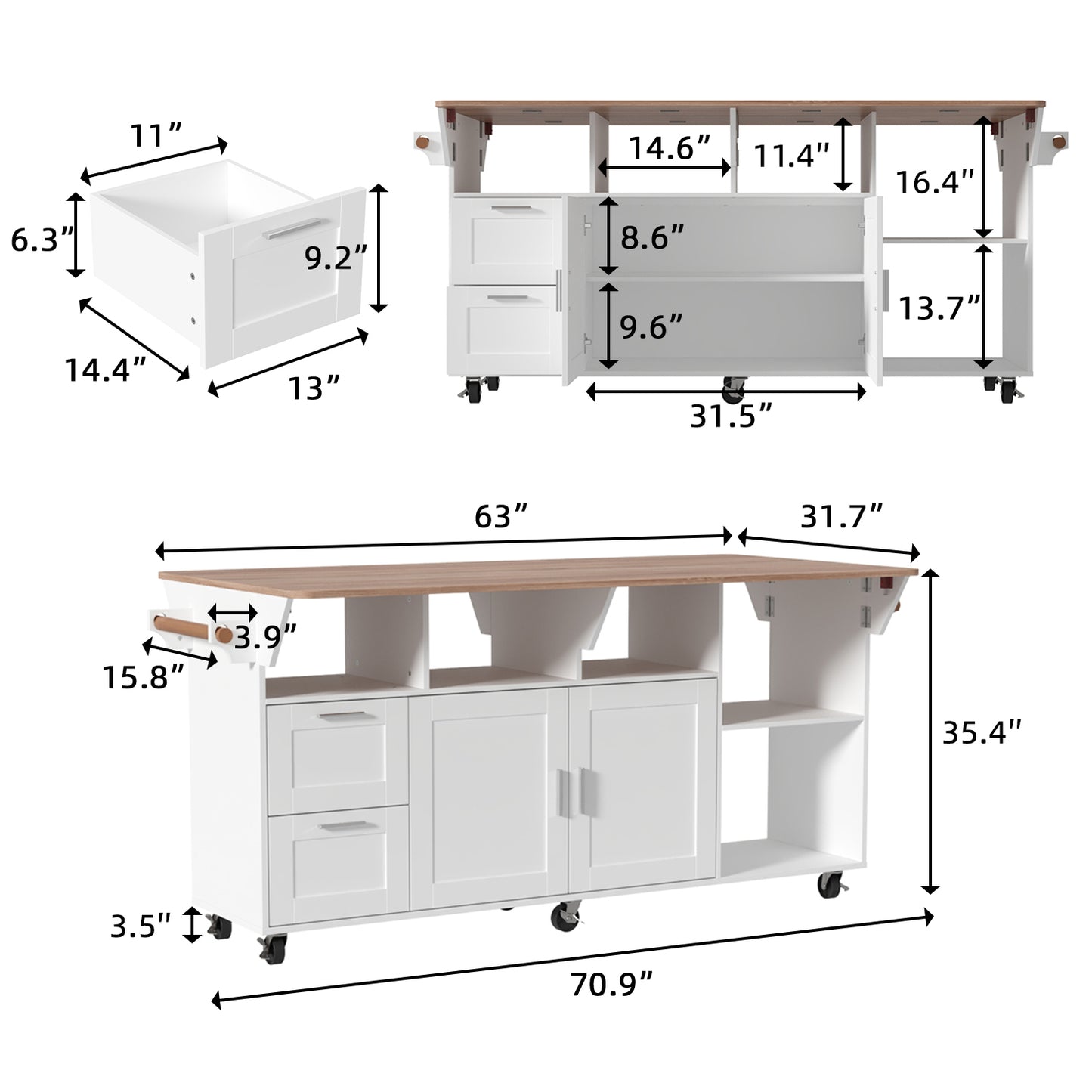 WIAWG Large Kitchen Island Table with Drop Leaf and Storage, 71" Kitchen Rolling Carts on Wheels, Portable Movable Farmhouse Island Table with Drawers for Dining Room,White & Light Brown