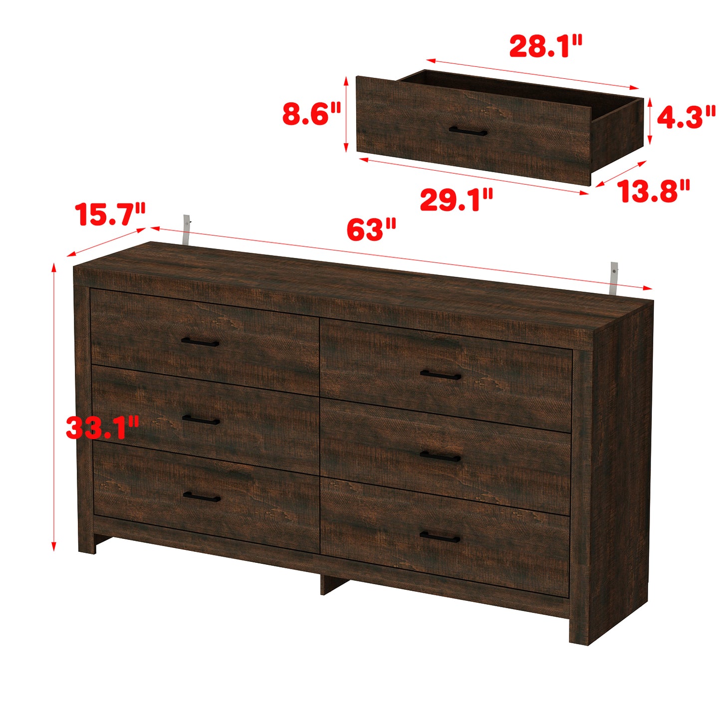 WIAWG 63" Dresser for Bedroom,6 Drawer Dresser, Chest of Drawers, Rustic Drawer Cabinet for Living Room Hallway Office,Brown