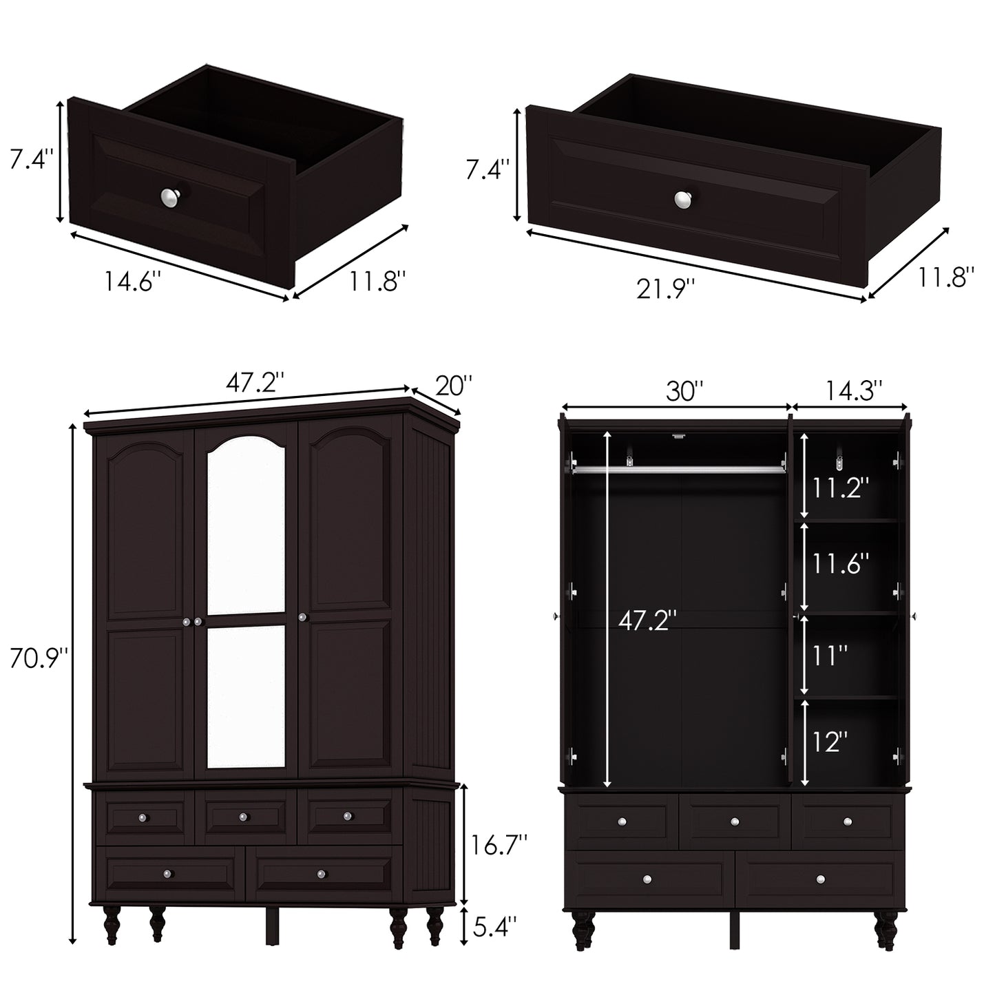 WIAWG 3-Door Wardrobe Armoire Closet with 5 Drawers and Hanging Rod plus Mirror, Brown