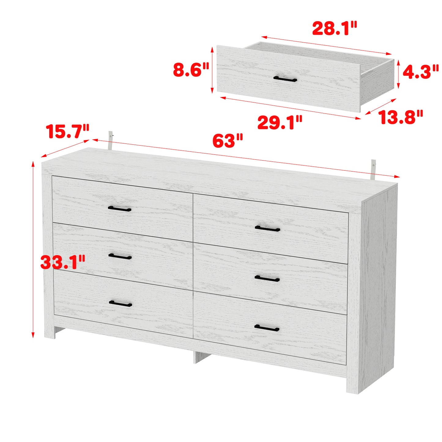 WIAWG 63" Dresser for Bedroom,6 Drawer Dresser, Chest of Drawers, Rustic Drawer Cabinet for Living Room Hallway Office, White Wood Grain
