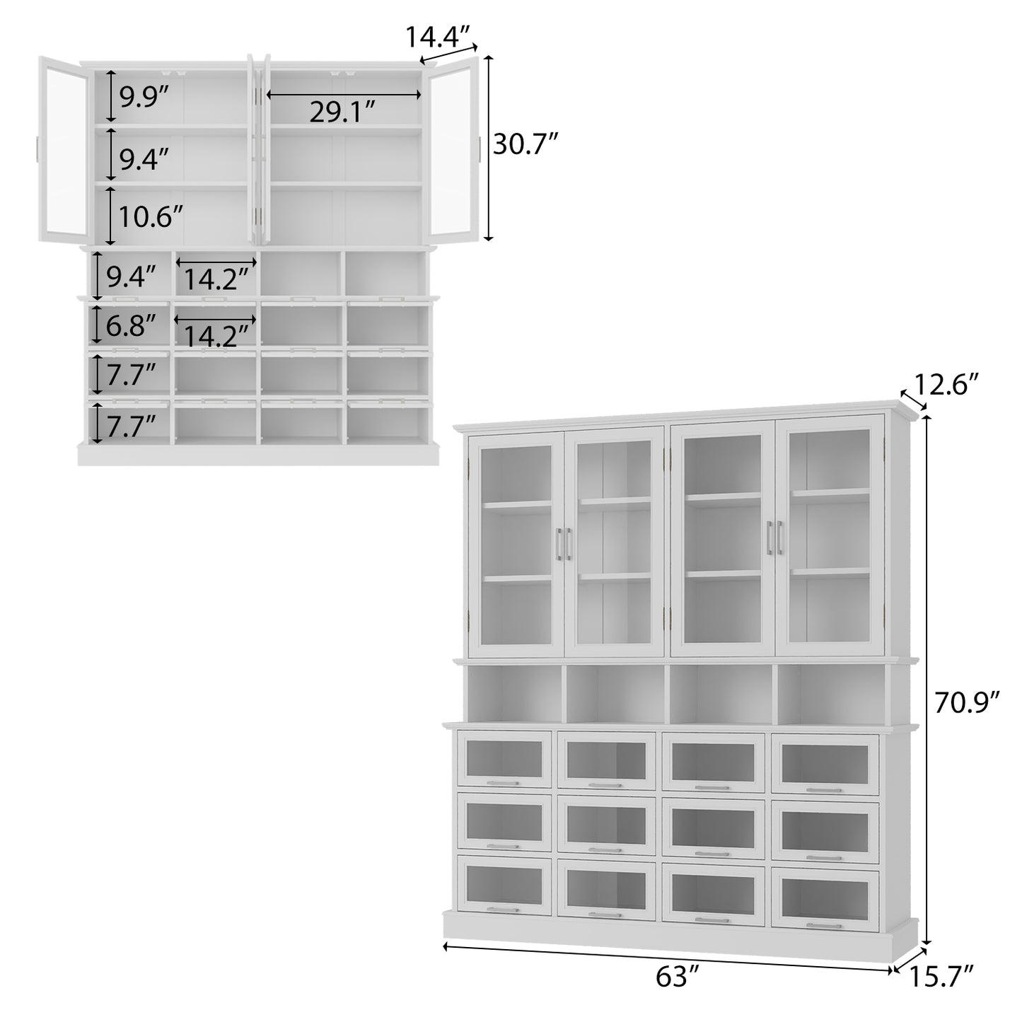 WIAWG 63" W China Cabinets with 12 Drawers, Modern Bookshelves and Bookcases, Glass Display Cabinet with Storage Cubes&Shelves for Living Room,Home Office,White