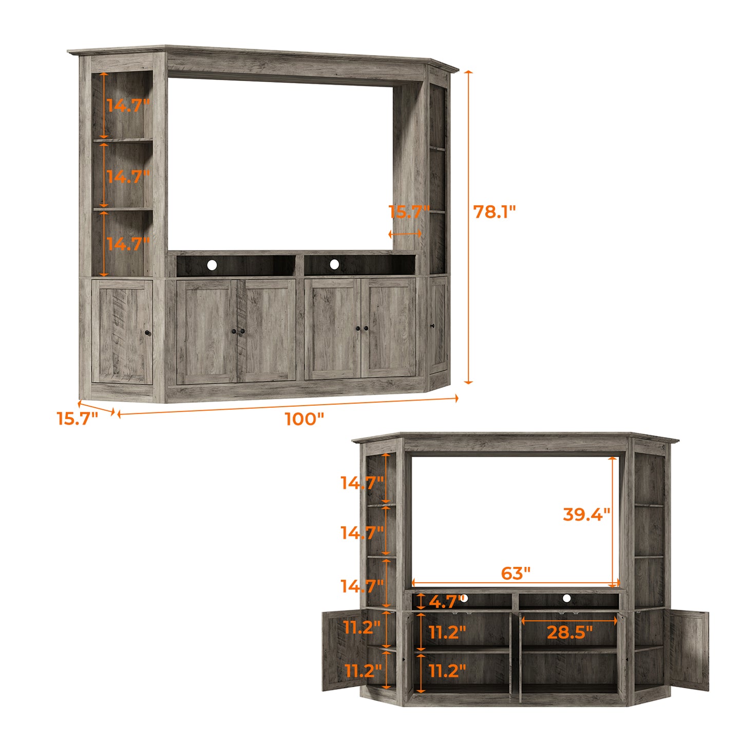 WIAWG Large All-in-One TV Stands for Living Room, 78.1" Tall TV Stands with Storage, Modern Wall Entertainment Center with Storage Bookshelves for Living Room, Light Gary