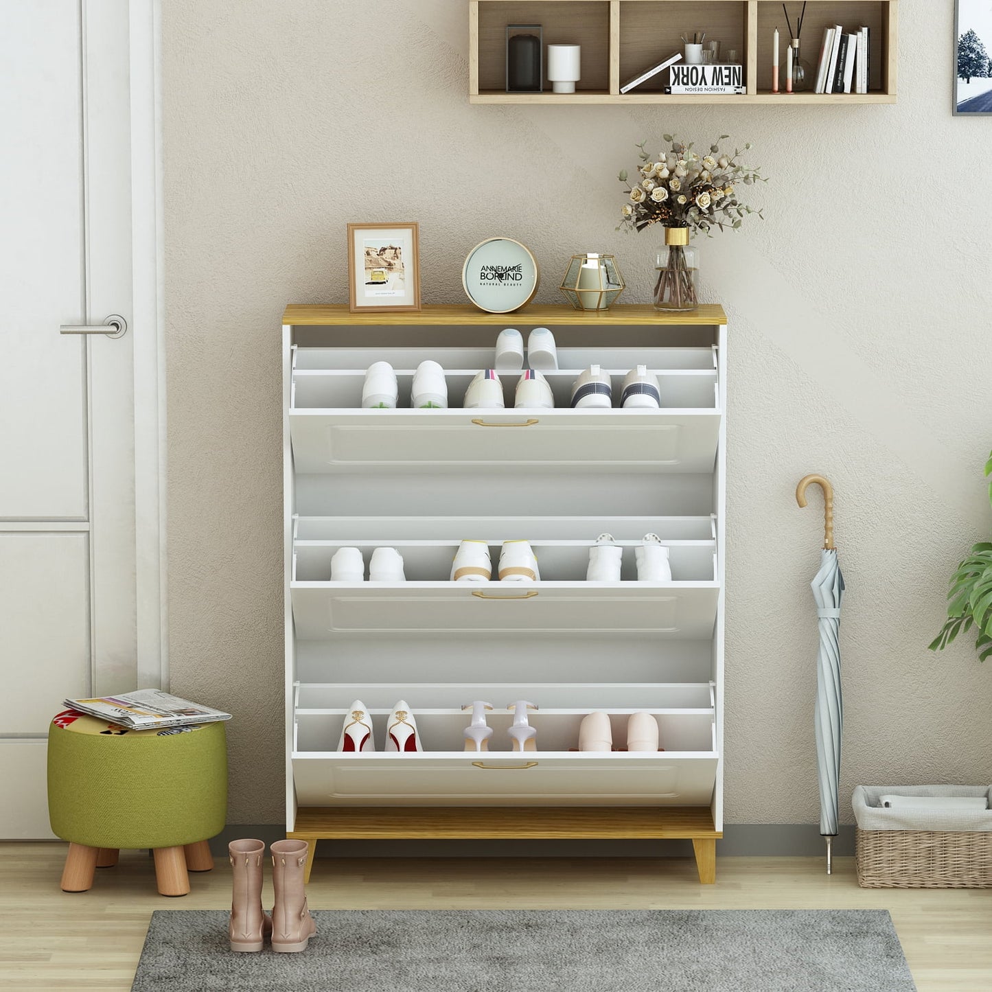 Floor Cabinet Storage Organizer Cabinet with 3 Drawers and 1 Door for Bathroom Entryway, 35.4" , White