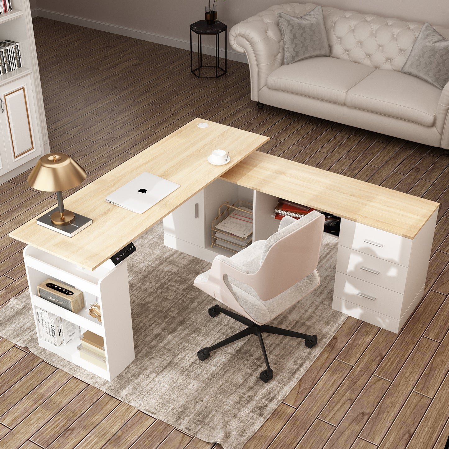 Wiawg 63" Electric Height Adjustable Standing Desk, , L Shaped Home Office Table,Oak&White