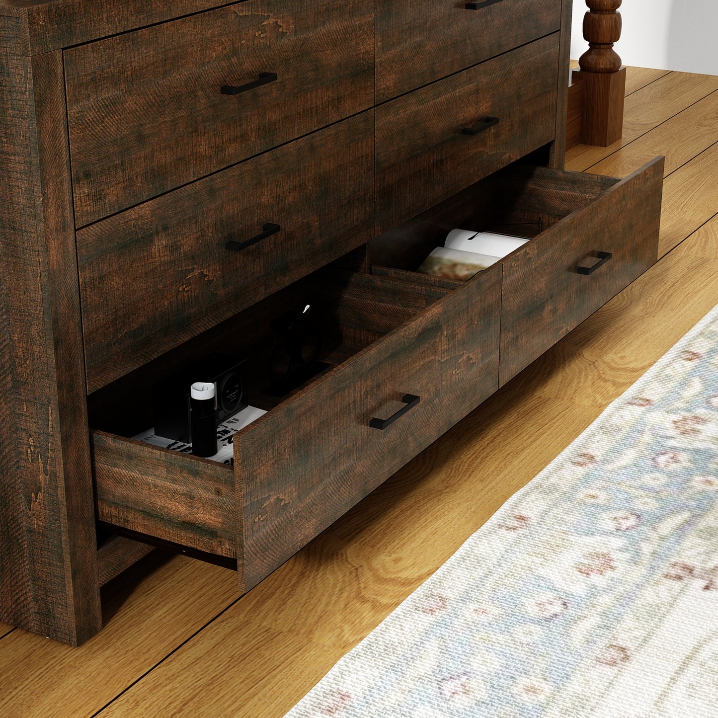 WIAWG 63" Dresser for Bedroom,6 Drawer Dresser, Chest of Drawers, Rustic Drawer Cabinet for Living Room Hallway Office,Brown