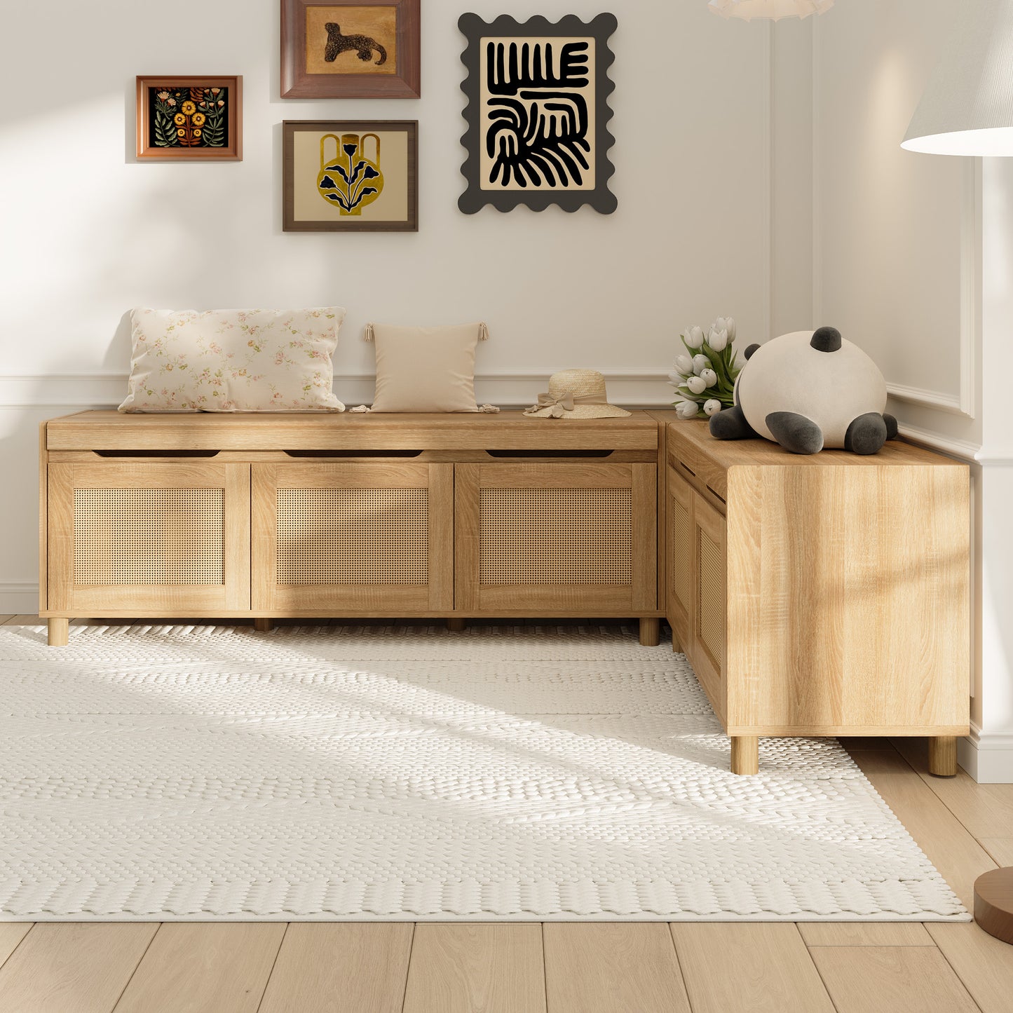 WIAWG L-Shape Storage Bench with Rattan Patterns & Solid Legs, Corner Shoe Bench with Hidden Storage Compartments, Backless Breakfast Dining Nook Bench for Kitchen, Entryway, Natural