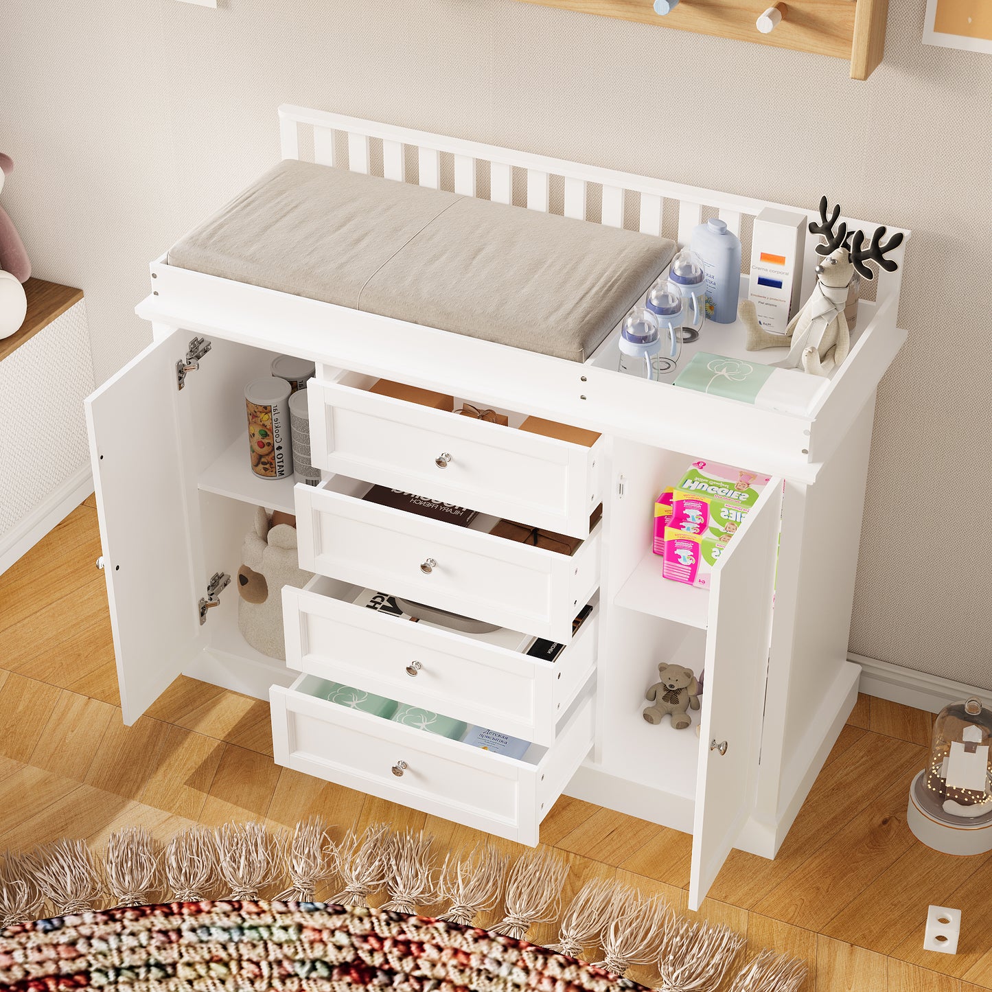 WIAWG Nursery Dresser with Changing Table Top, 46" W Baby Dresser with 2 Drawers,White