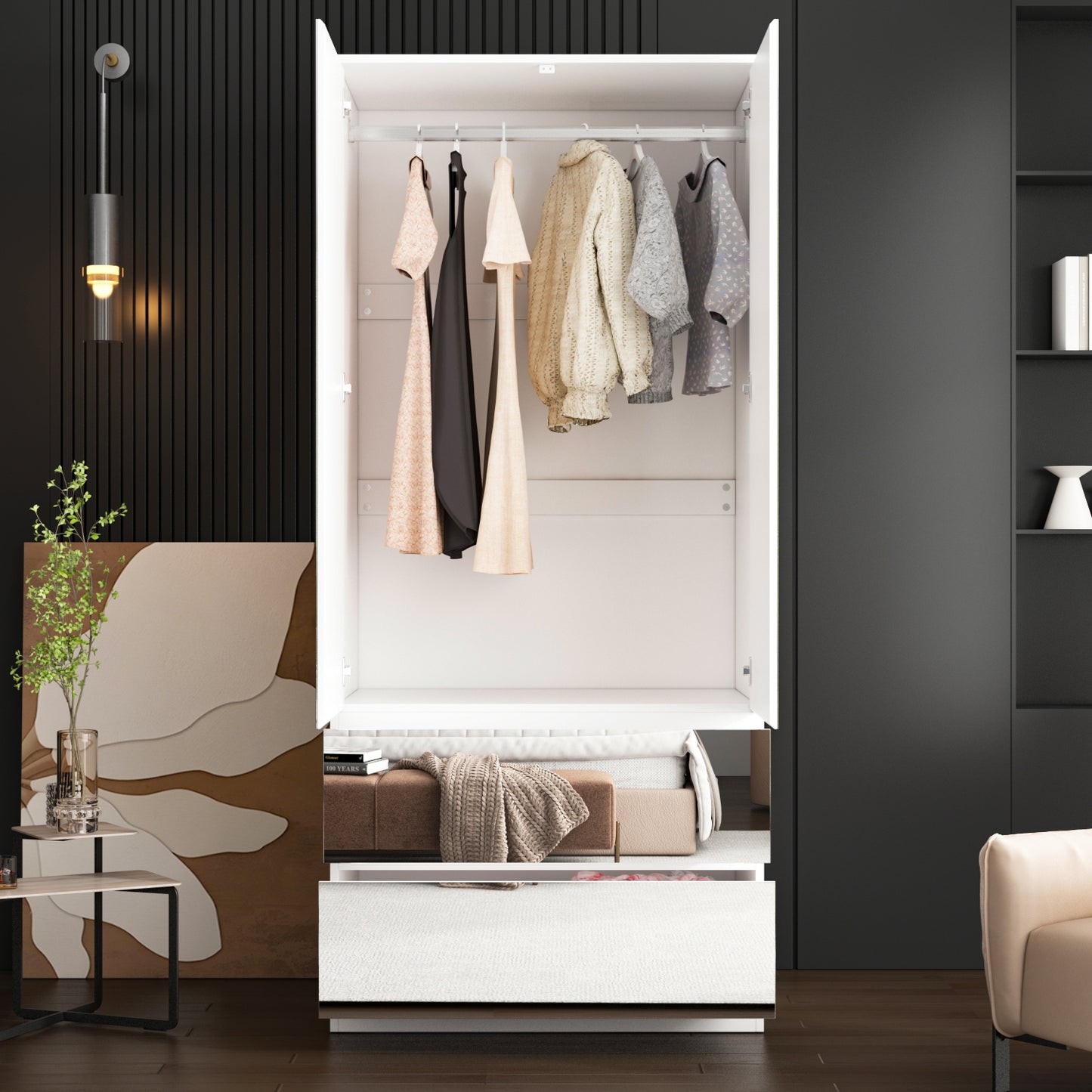 Wardrobe with Mirror Doors, White Bedroom Armoire with 2 Drawers, Hanging Rod, Mirrored Closet Modern Clothes Storage Cabinet for Guest Room Cloakroom, 31.5”W x 19.7”D x 70.9”H