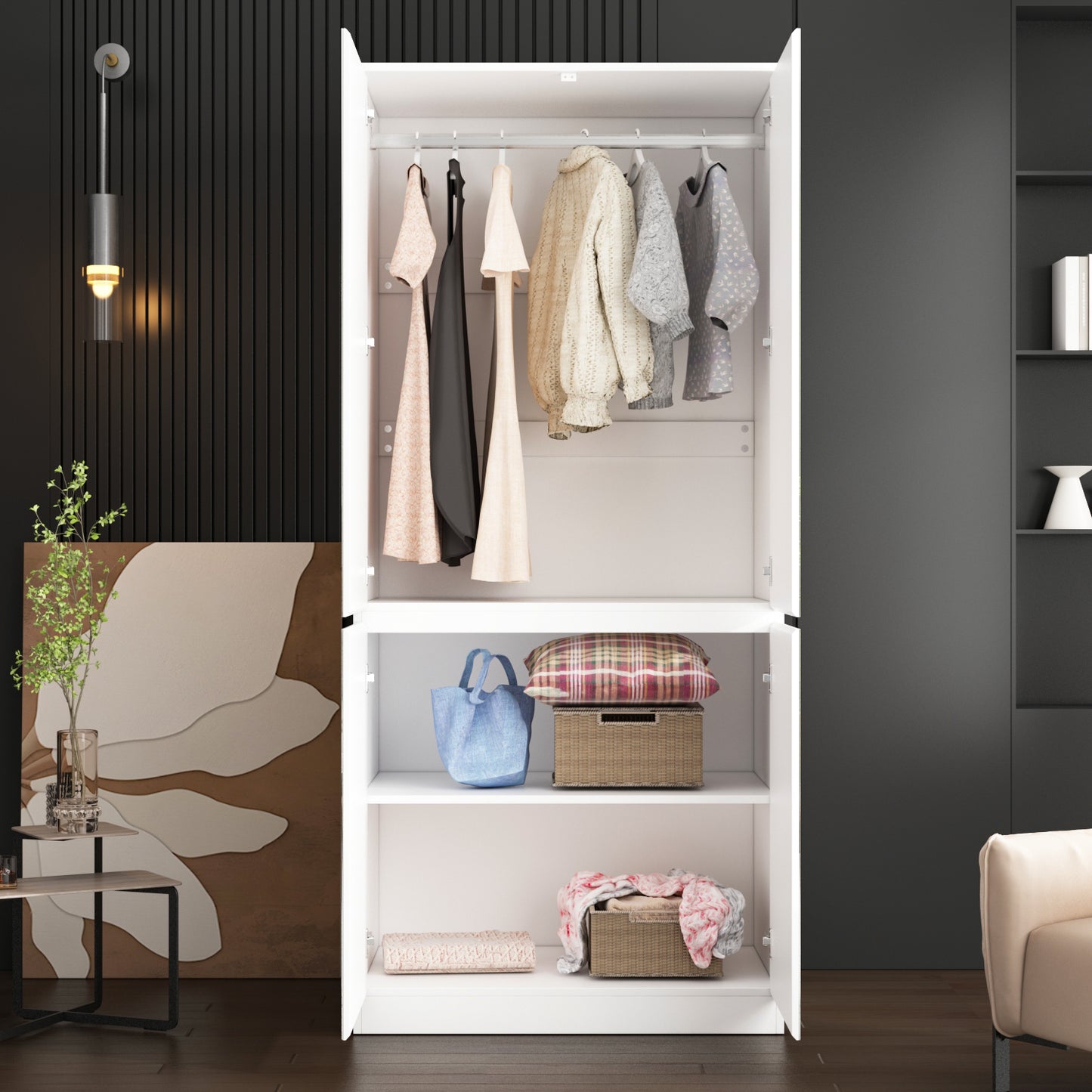 Wiawg Wardrobe Closet with 4-Mirrored Door, Armoire Closet Cabinet with Hanging Rod for Bedroom,White