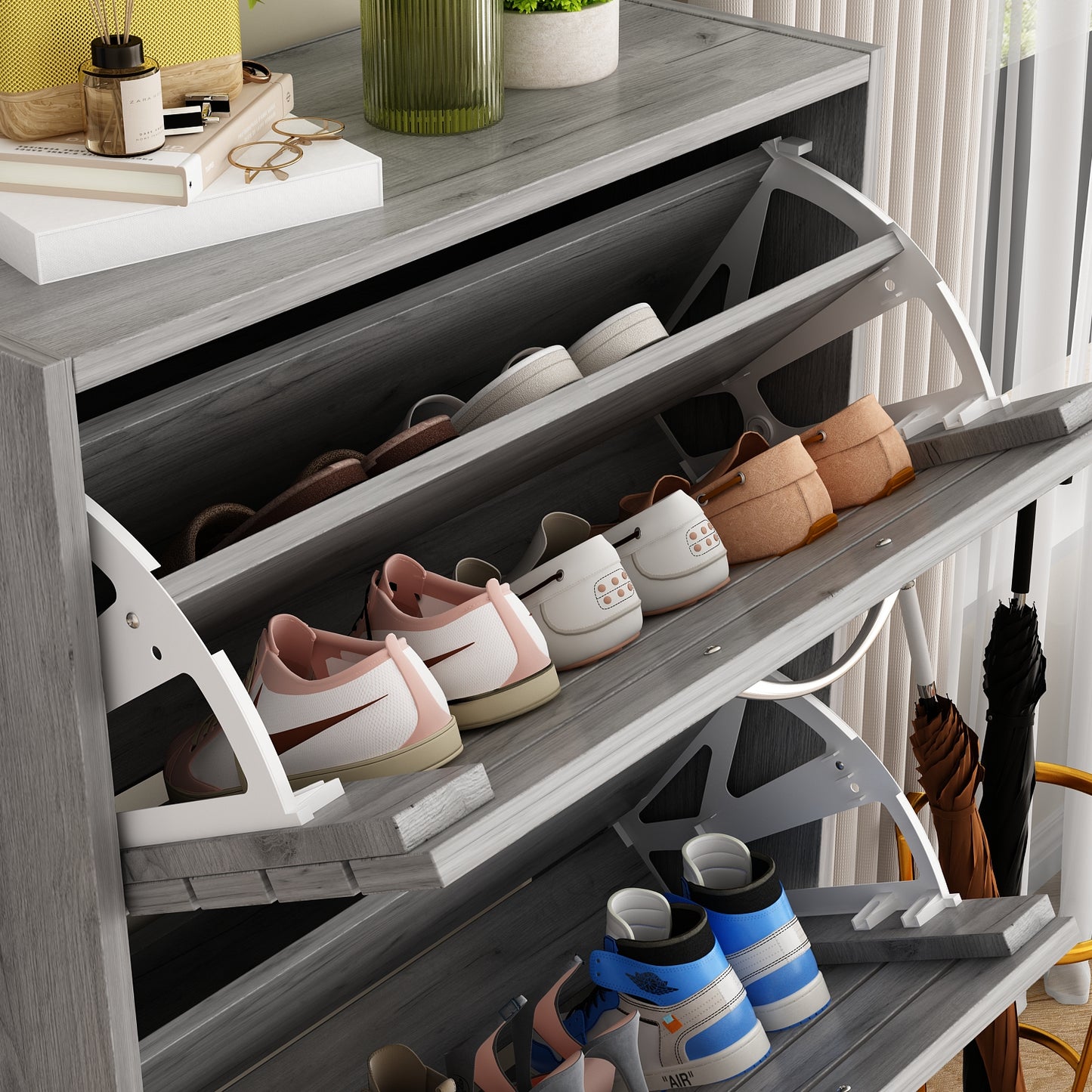 WIAWG Shoe Cabinet Wood Shoe Rack Storage Cupboard with 3 Tilt-out Doors Gray
