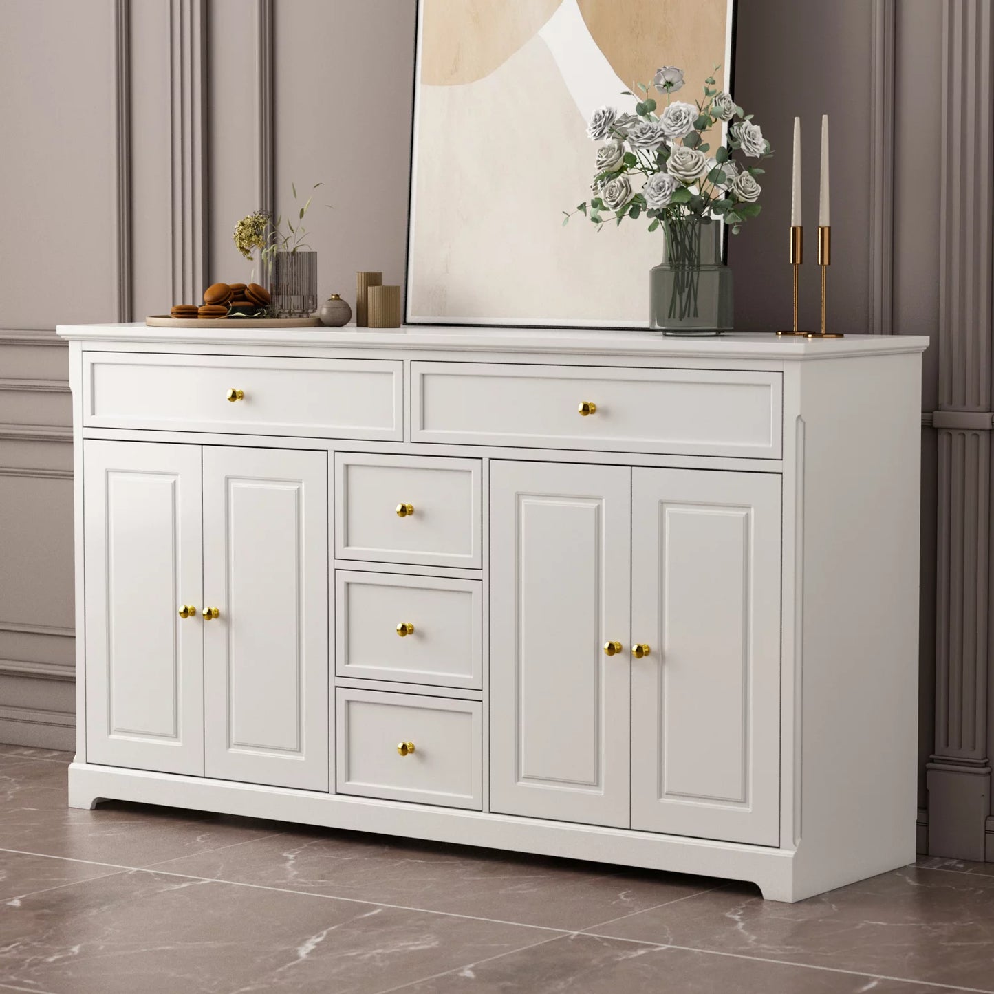 WIAWG White Buffet with 5 Drawers, 4-Door Bedroom Dresser Storage Cabinet, 59.1"Wide