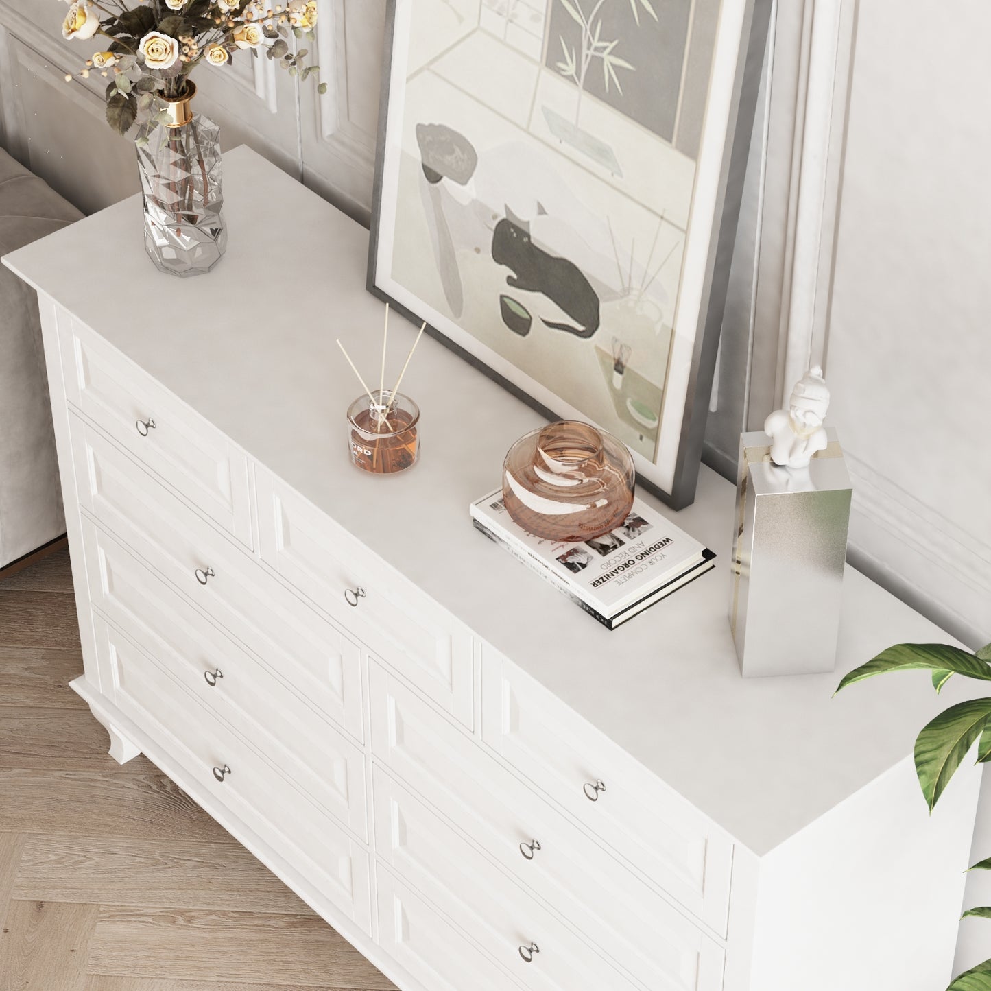 WIawg 9 Drawer Dresser with Carved Drawer Fronts & Solid Legs, 55.1" L White Modern Wood Storage Chest of Drawers for Bedroom, Living Room & Fitting Room