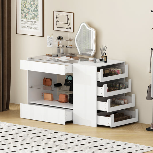 Wiawg Glass Display Cabinet Closet Island,Storage Cabinet for Retail, Collectibles Showcase with 8 Drawers, Walk in Display Island for Retail Shop, Cloakroom, White