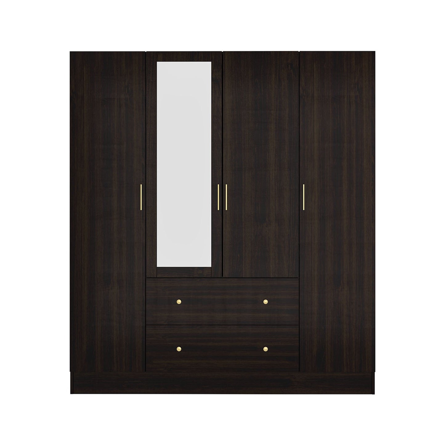 WIAWG Modern Mirrored Armoire Closet for Bedroom, 4 Door Wardrobe with Hanging Rods, Drawers and Shelves, Brown