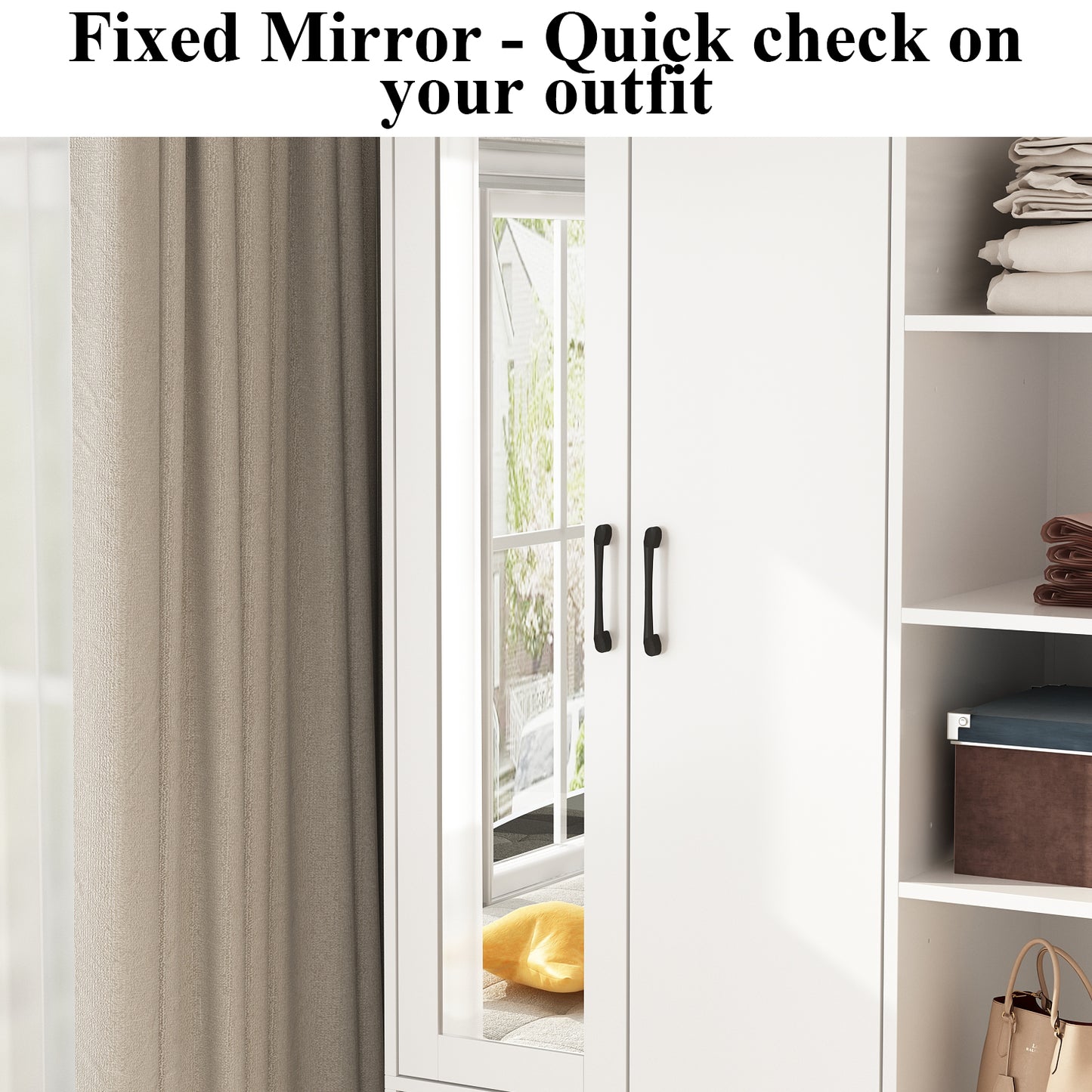 Wiawg 2 Door Wardrobe Armoire,Mirrored Closet Storage with Drawers and Shelves,White