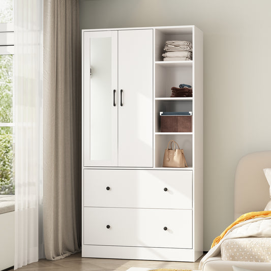 Wiawg 2 Door Wardrobe Armoire,Mirrored Closet Storage with Drawers and Shelves,White