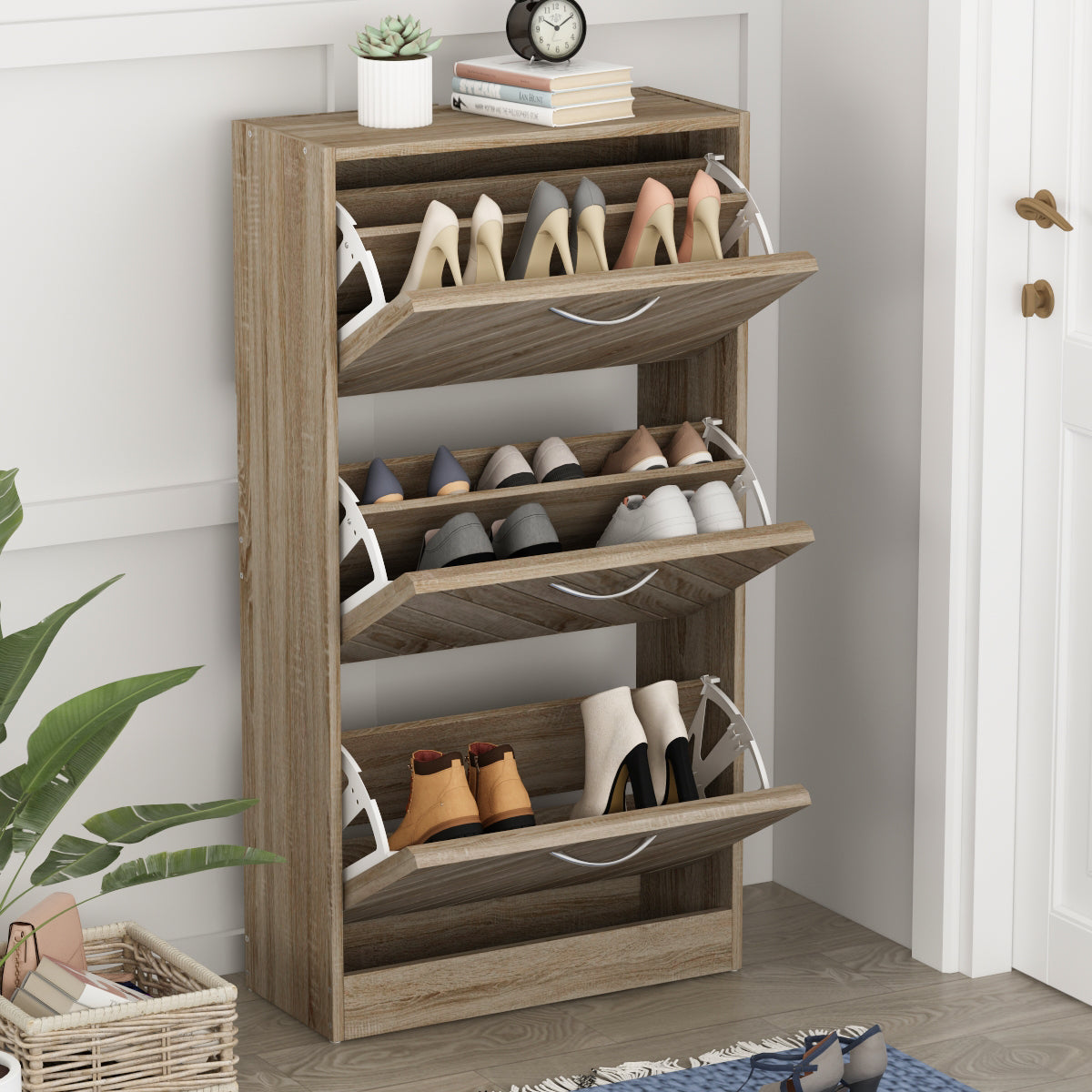 WIAWG Modern 3 Tier Shoe Cabinet Shoe Rack Free Standing Shoe Storage Cabinet Organizer Beige