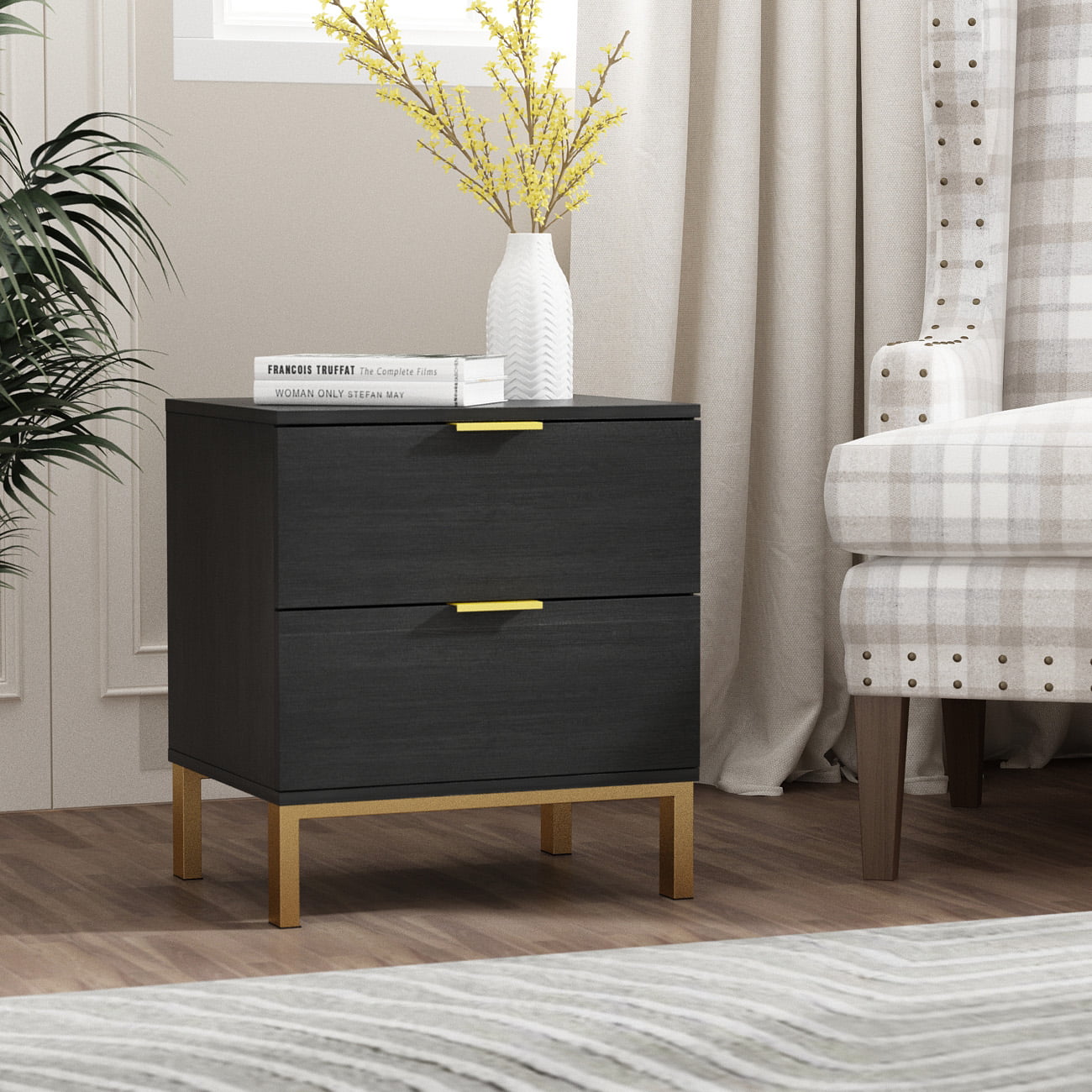 WIAWG Modern Nightstand with Drawer, End Table for Bedroom with Metal Frame, Black, Set of 2