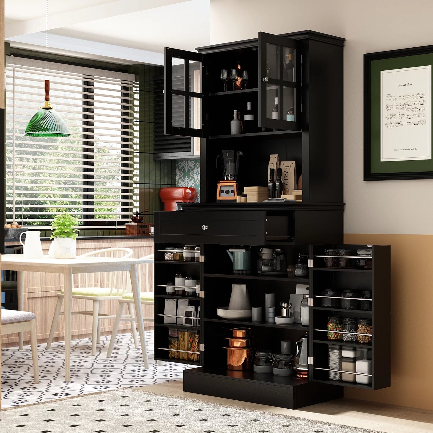 WIAWG Kitchen Pantry Storage Cabinet with Hutch and Acrylic Glass Door in Black