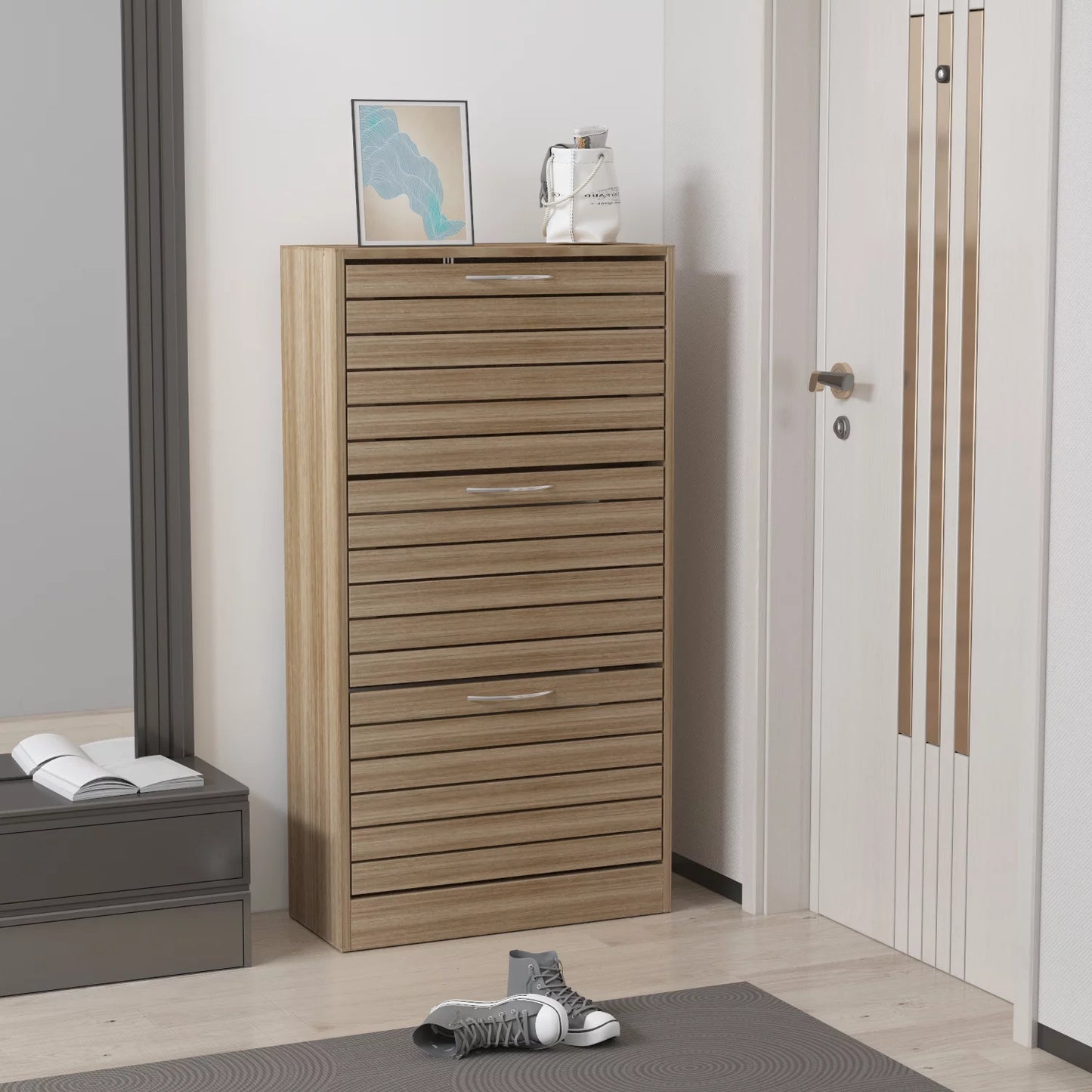 WIAWG Shoe Cabinet Wood Shoe Rack Storage Cupboard with 3 Tilt-out Doors Brown