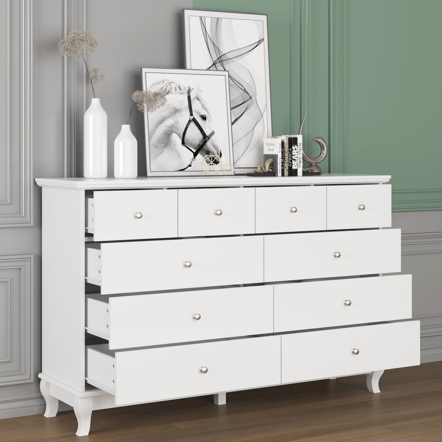 WIAWG Dresser for Bedroom, Wood Chest of Drawers of 10, White Bedroom Storage Furniture