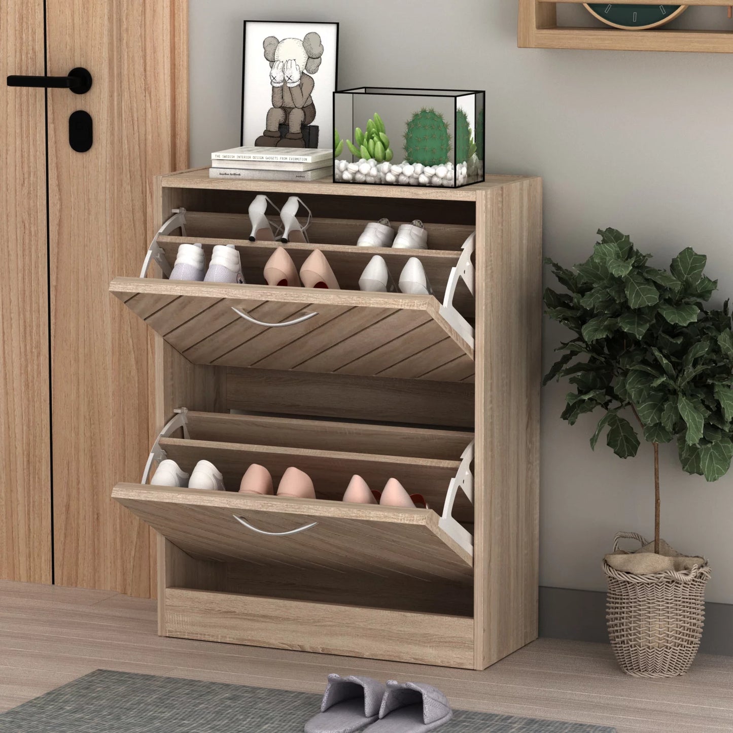 WIAWG Modern 2 Tier Shoe Cabinet Shoe Rack Free Standing Shoe Storage Cabinet Organizer Beige