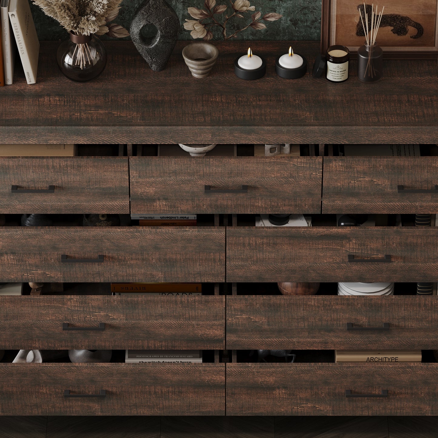 WIAWG 9 Drawer Dresser for Bedroom, 63” Wide Chest of Drawers, Rustic Drawer Cabinet for Living Room Hallway Office,Brown