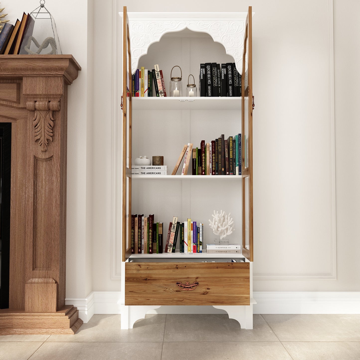WIAWG Carved Storage Cabinet with 2 Glass Doors & Drawer, Pooja Mandir with 3-Tier Shelves, Decorative Cabinet Display Cabinets for Living Room White and Walnut,70.9”H