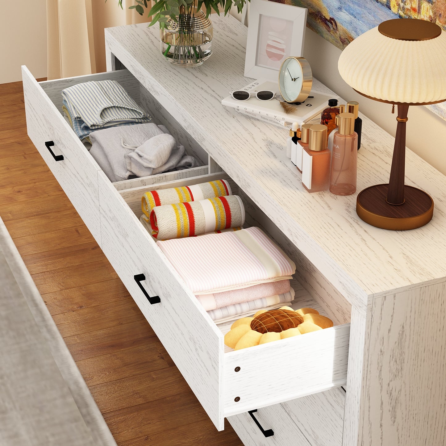 WIAWG 63" Dresser for Bedroom,6 Drawer Dresser, Chest of Drawers, Rustic Drawer Cabinet for Living Room Hallway Office, White Wood Grain