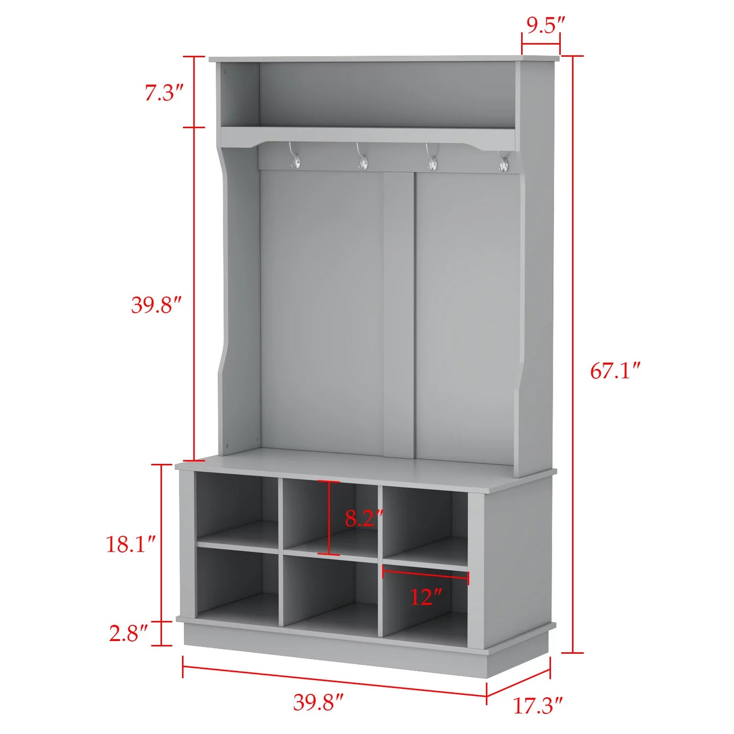 WIAWG Hall Tree with Storage Bench, 3-in-1 Entryway Coat Rack with 4 Hooks, Coat Hanger, Storage Cube for Entrance Hallway, Gray