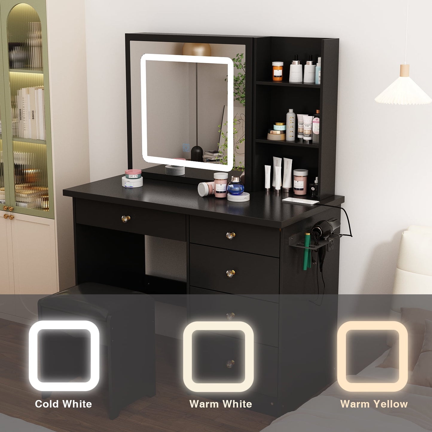 WIAWG Makeup Vanity Table Set with Hair Dryer Holder, Dressing Table with Sliding Lighted Mirror and Charging Station, Black