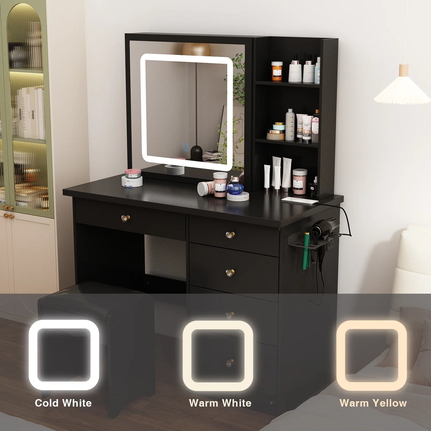 WIAWG Makeup Vanity Table Set with Hair Dryer Holder, Dressing Table with Sliding Lighted Mirror and Charging Station, Black