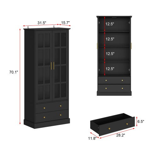 WIAWG Black Glass Door Display Storage Cabinet, 4-Tier with 2 Drawers, Tempered Glass Sturdy Cabinet for Living room,Black