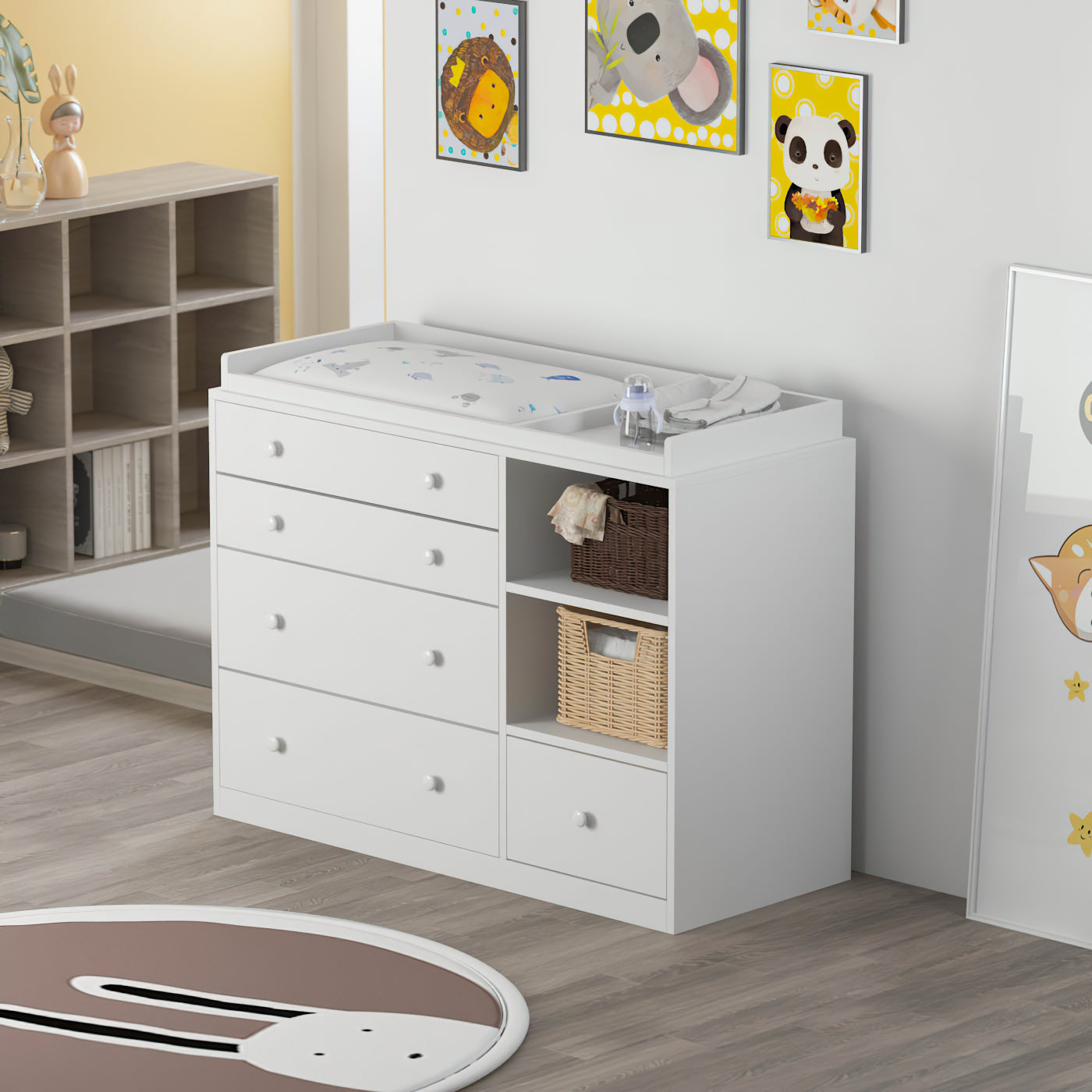 WIAWG 5-Drawer White Baby Dresser with Changing Table Wooden Infant Dresser with Shelf, 47.2"