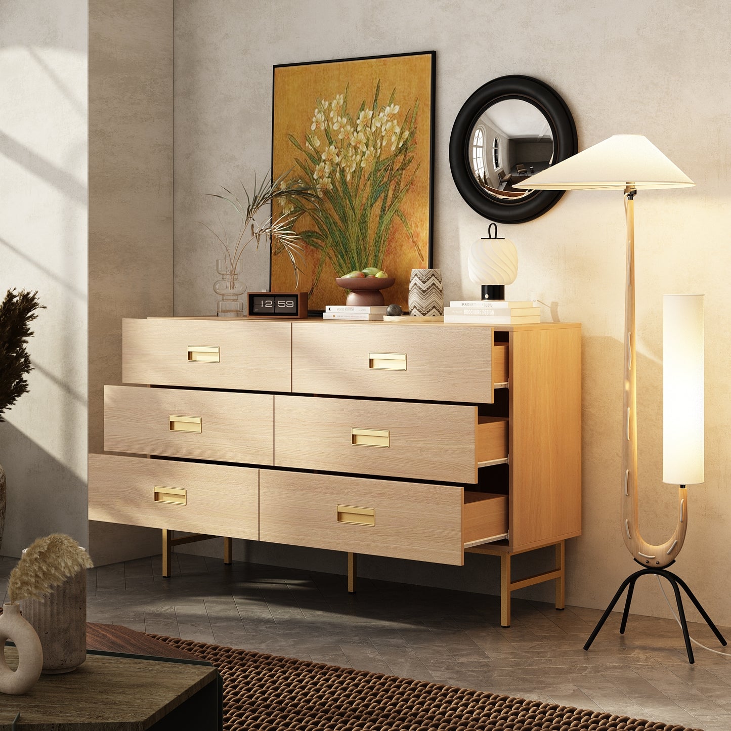 WIAWG 6 Drawer Double Dresser ,Sturdy Modern Dresser with Drawers for Closet,Living Room,Entryway,Natural