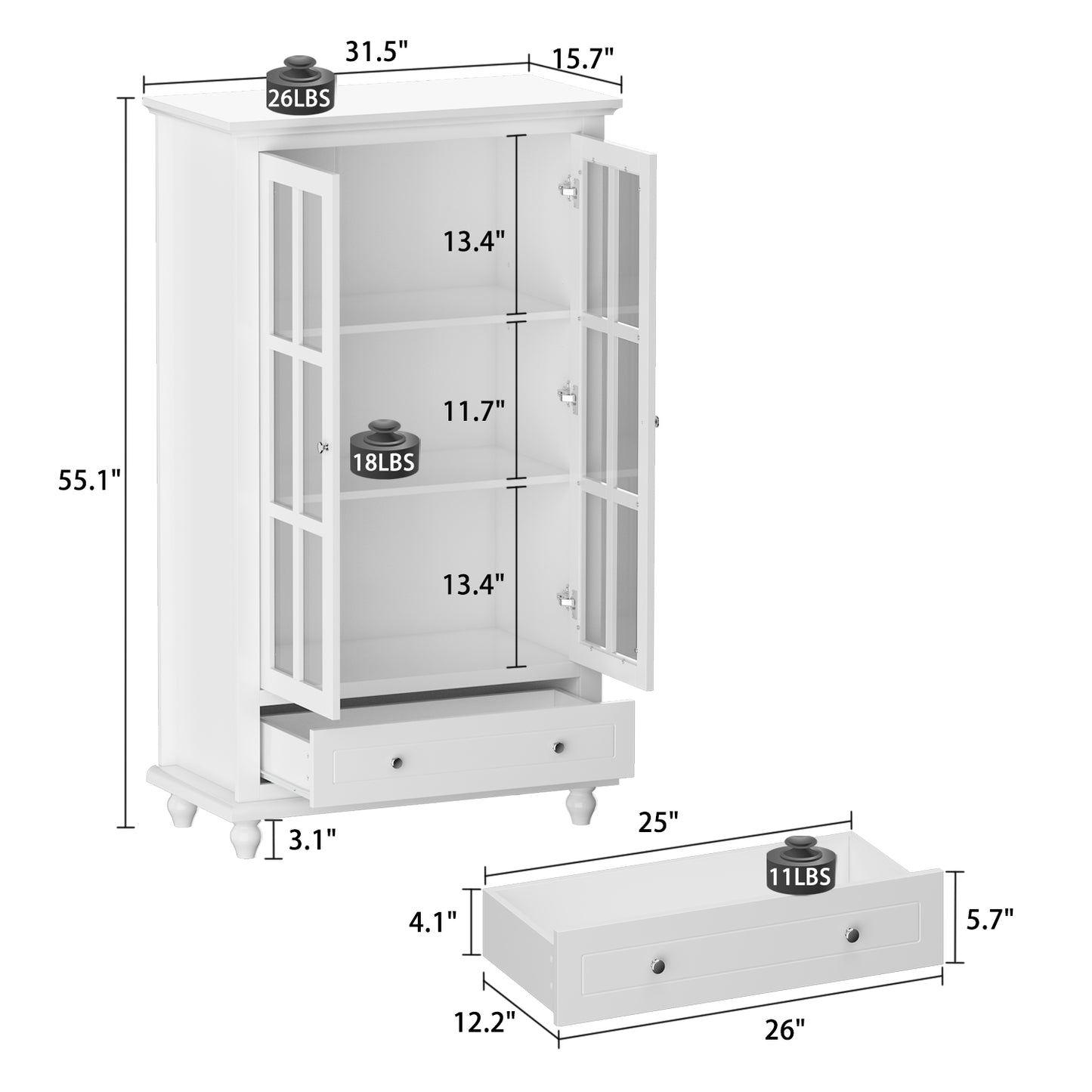 WIAWG Display Cabinet Bookcase with 2 Glass Doors, Drawer and Adjustable Shelf for Living Room, 55" H