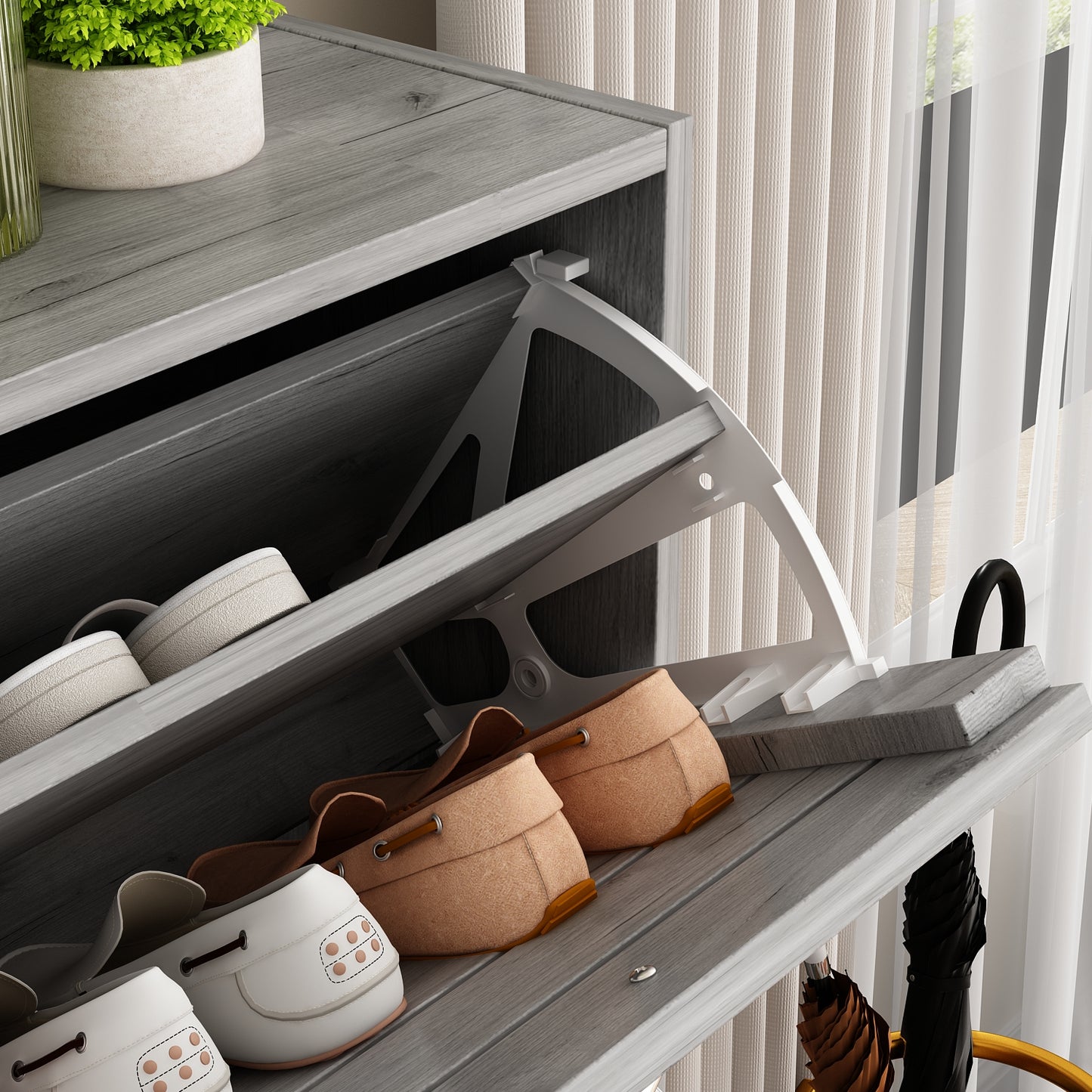 WIAWG Shoe Cabinet Wood Shoe Rack Storage Cupboard with 3 Tilt-out Doors Gray