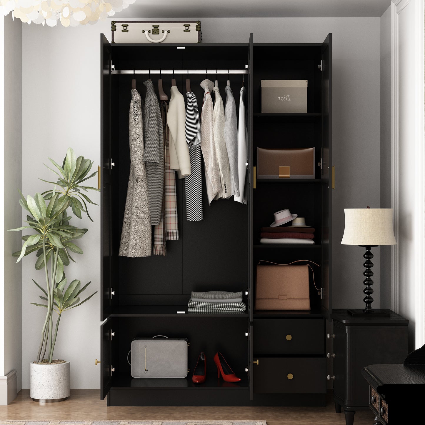 WIAWG 5-Doors Wardrobe with Rattan Accents ,2 Drawers Extra Storage Space For Bedroom，Black