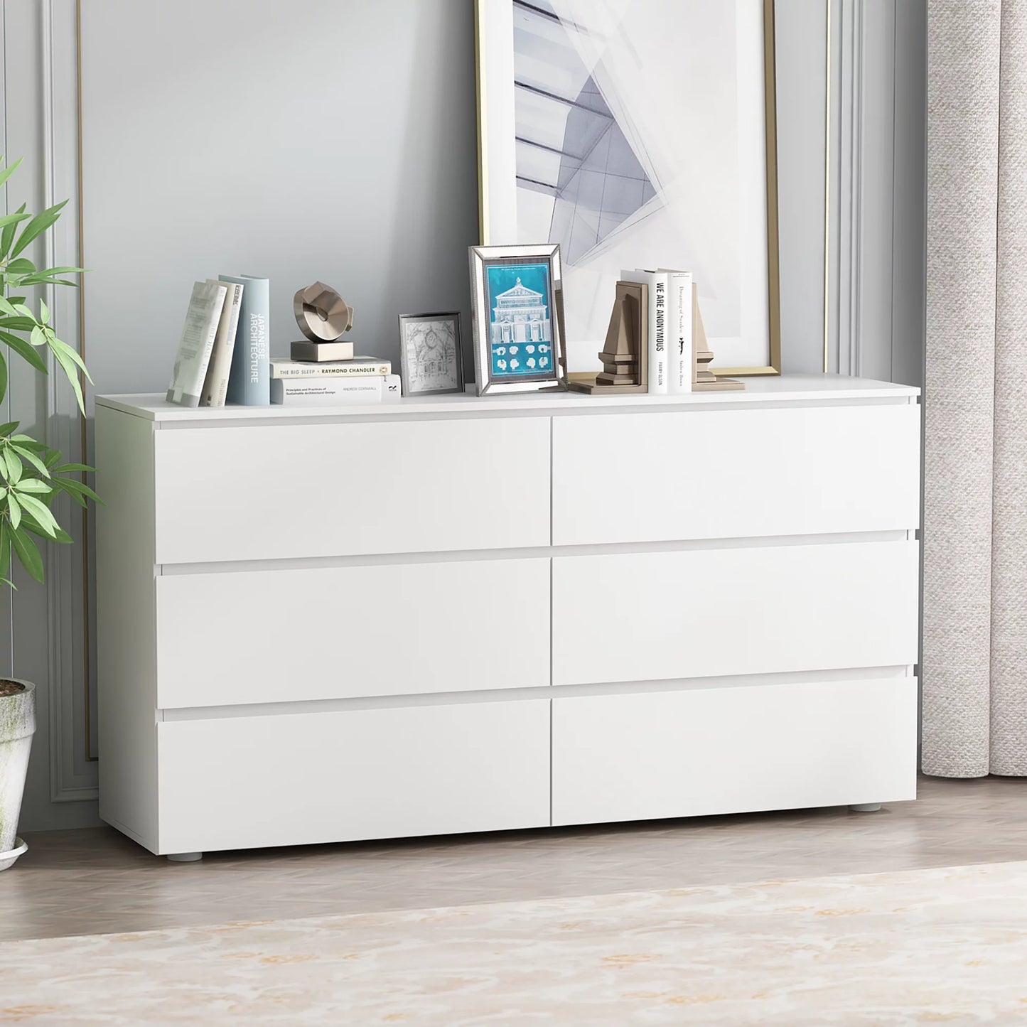 WIAWG Modern 6-Drawer Dresser Chest Side Cabinet for Bedroom/Living Room Wooden White
