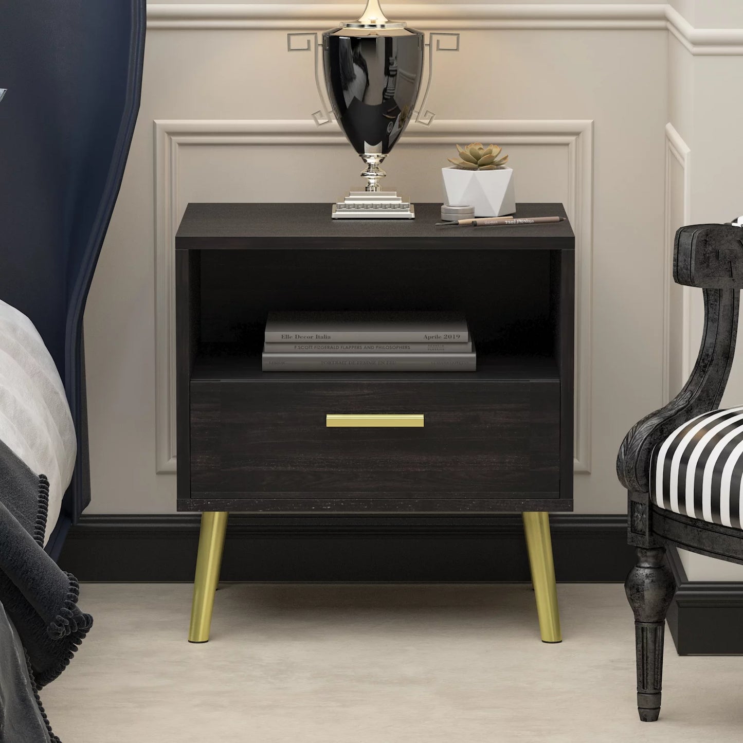 WIAWG Set of 2 Nightstand, End Table with Drawer and Open Shelf for Living Room Bedroom, Black