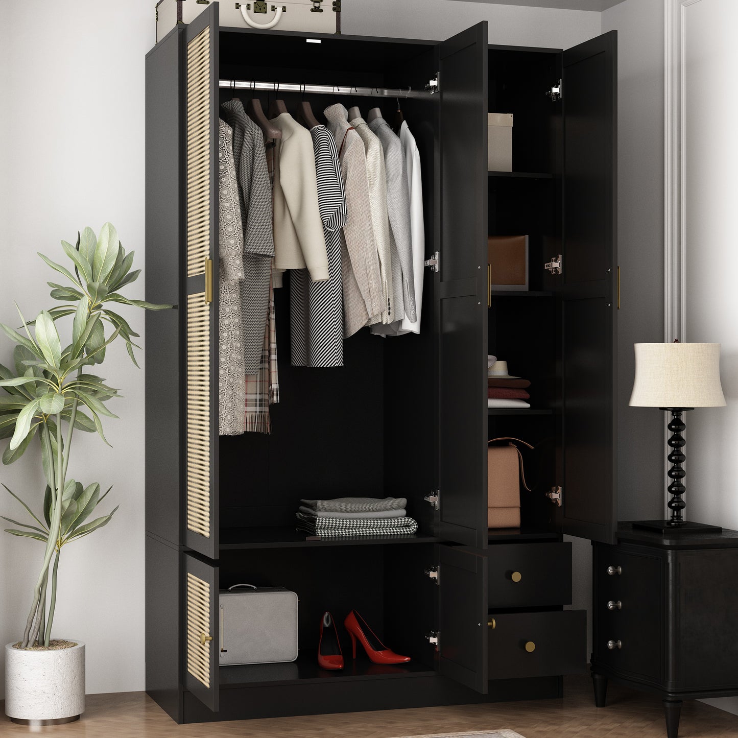 WIAWG 5-Doors Wardrobe with Rattan Accents ,2 Drawers Extra Storage Space For Bedroom，Black