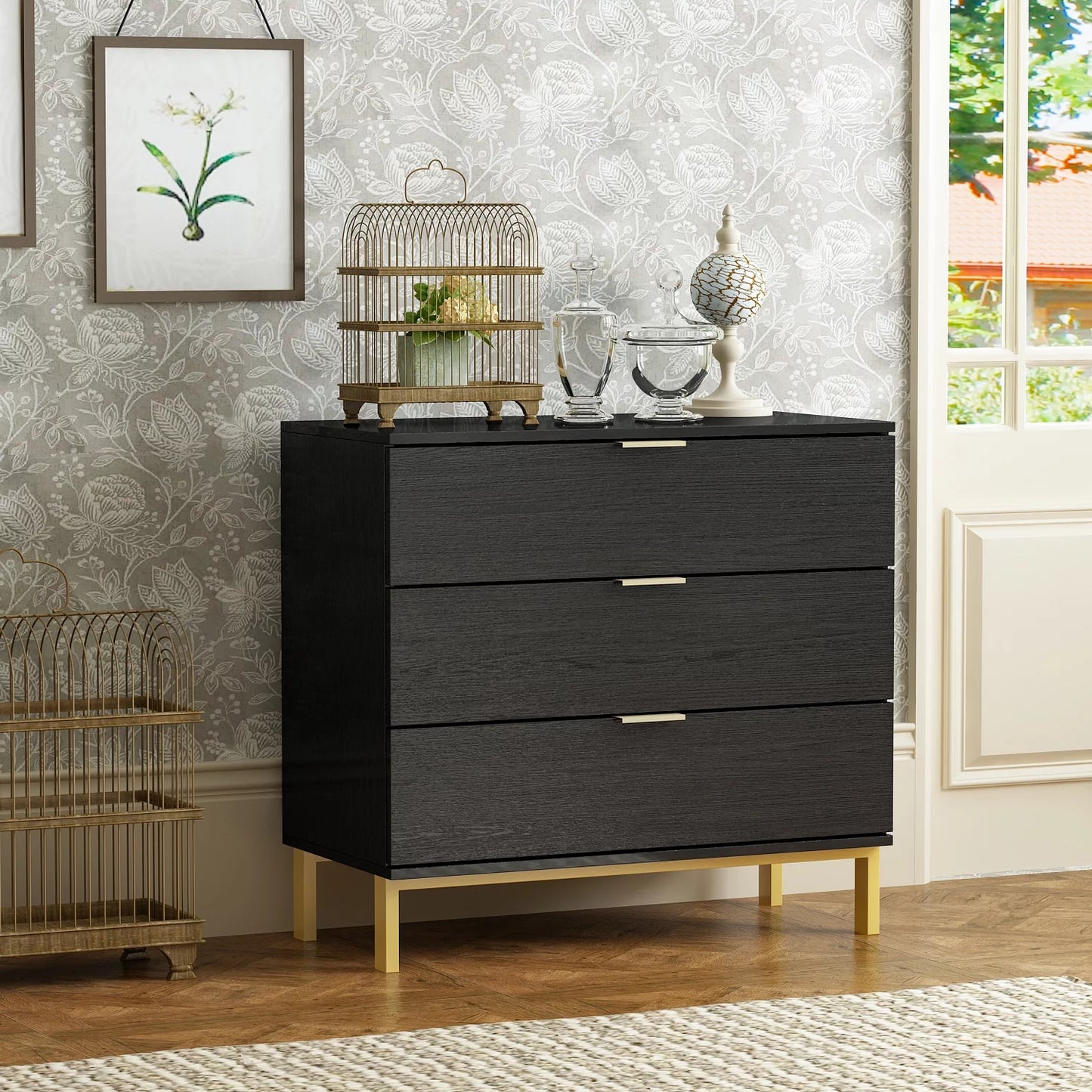 WIAWG 3 Drawer Wood Side Console Dresser End Table Cabinet Chest for Living Room Bedroom Black 31.1"