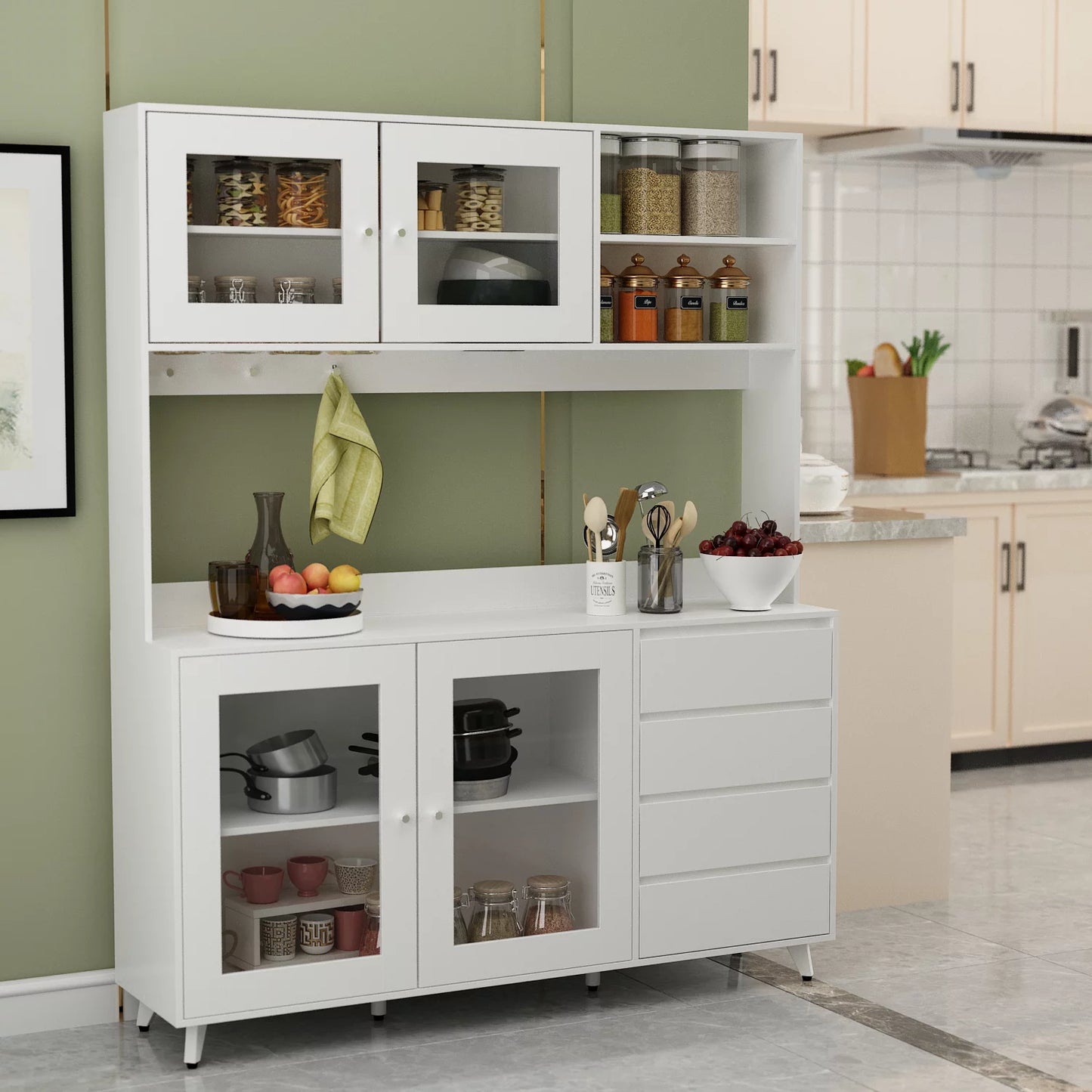 WIAWG Modern Kitchen Pantry Storage Cabinet with Hutch and Drawers,White Sideboard Buffet Cupboard with Glass Door,63"