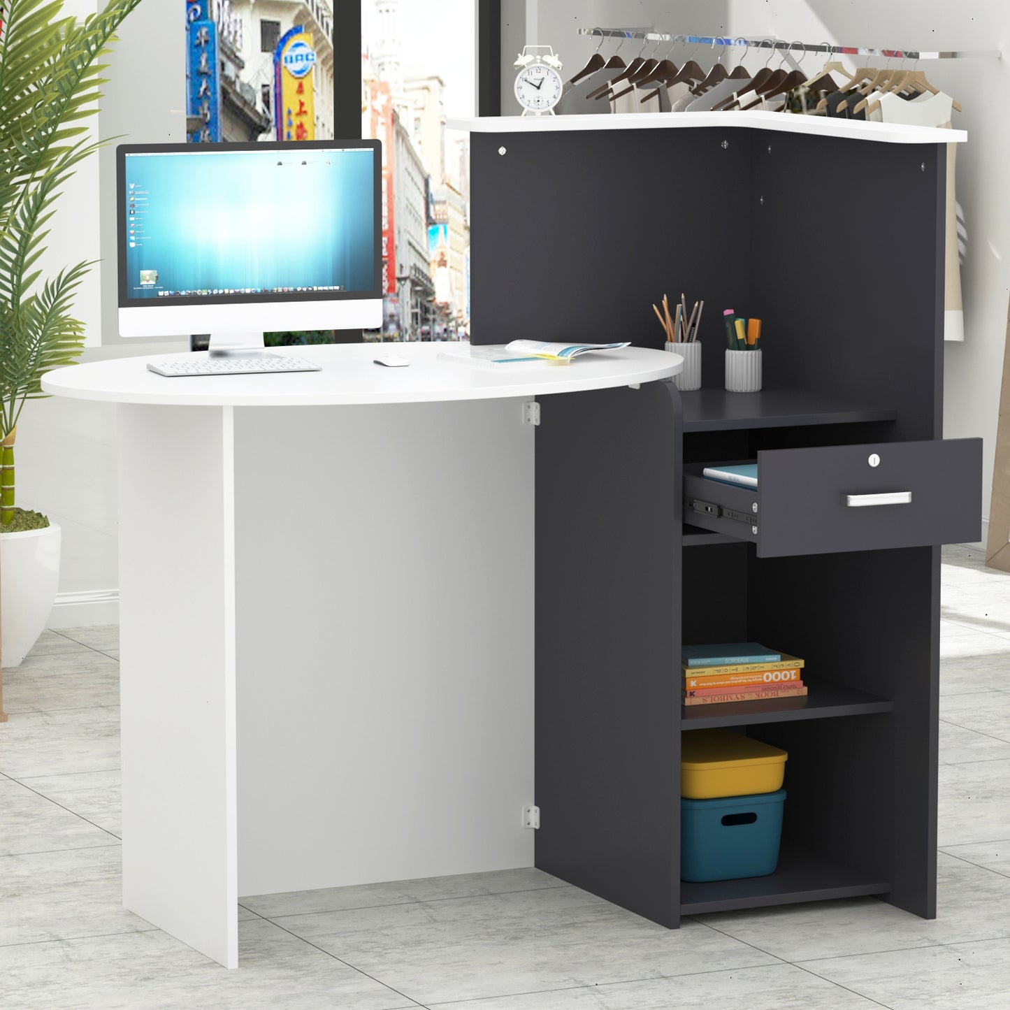 WIAWG Small Reception Desk with Drawer and Shleves Wood White-Black