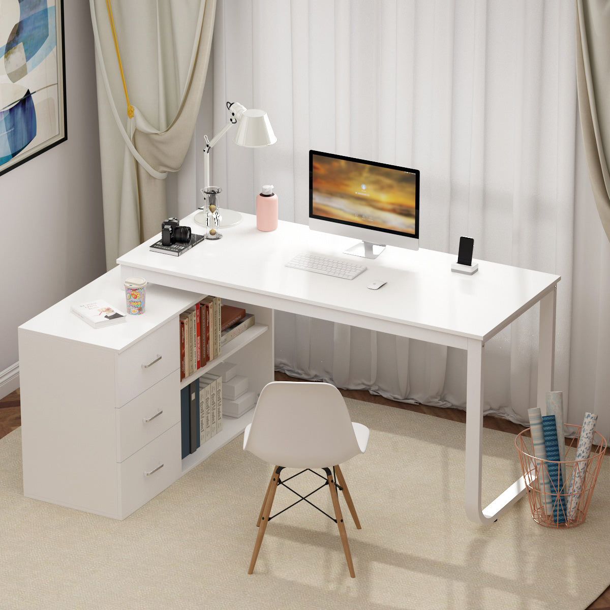 WIAWG 55" White L Shaped Desk with Storage Shelf Corner Office Writing Desk Study Workstation Table