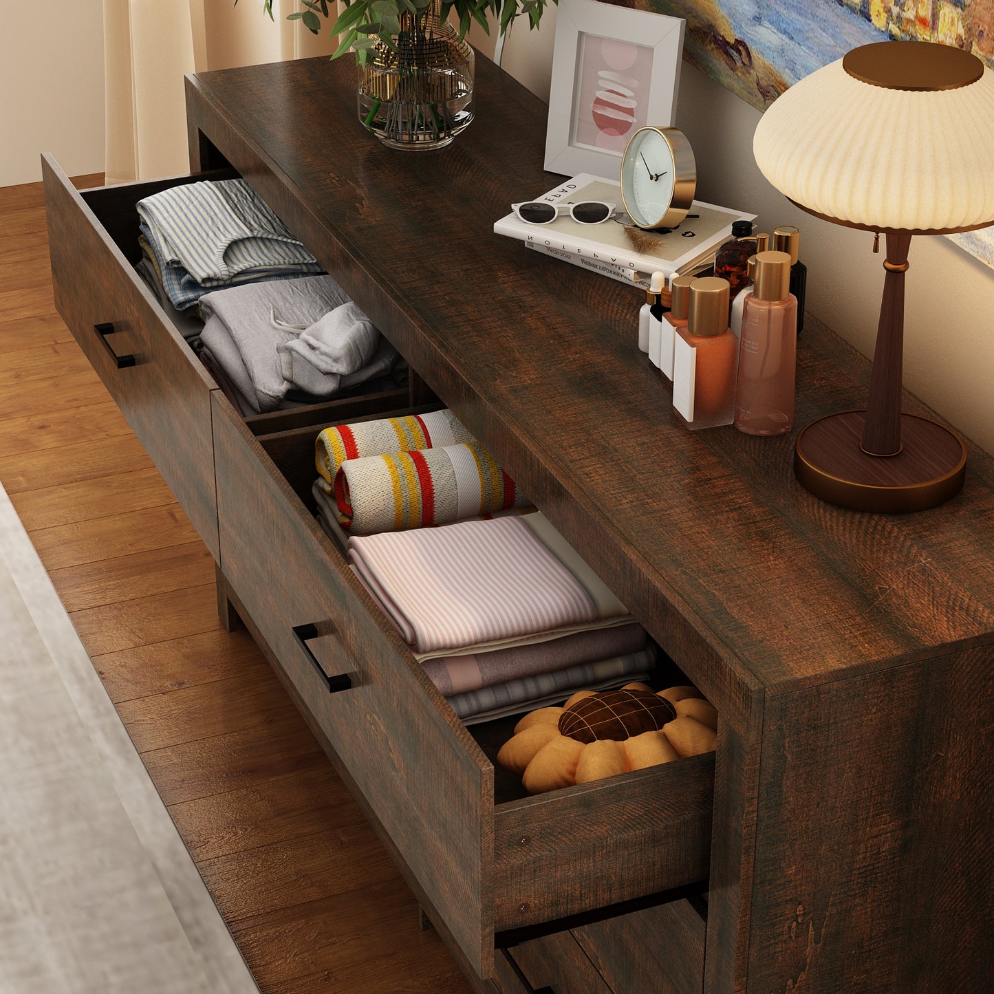 WIAWG 63" Dresser for Bedroom,6 Drawer Dresser, Chest of Drawers, Rustic Drawer Cabinet for Living Room Hallway Office,Brown