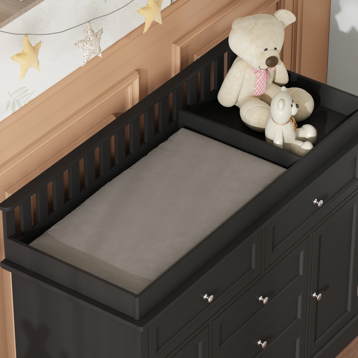 WIAWG Nursery Dresser with Changing Table Top, 46" W Baby Dresser with 2 Drawers,Storage Organize Station for Nursery and Baby Bedroom,Black